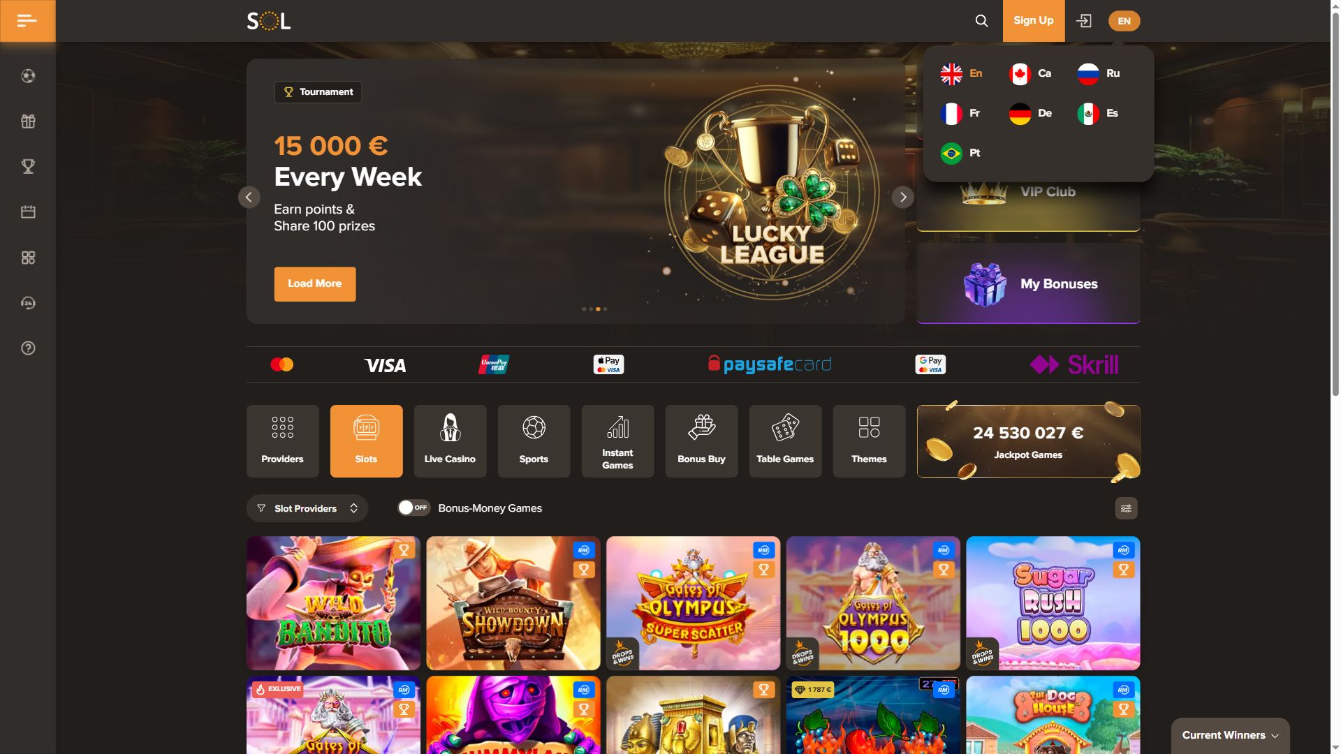 Sol Casino — Lobby (Desktop)
