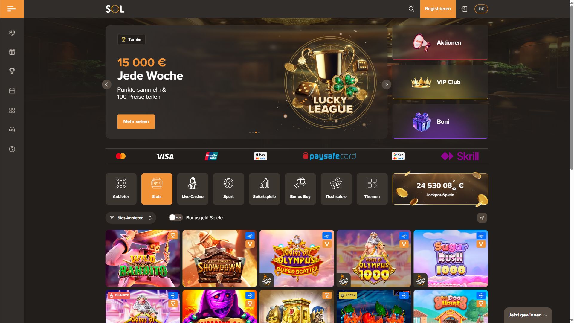 Sol Casino — Startseite (Desktop)
