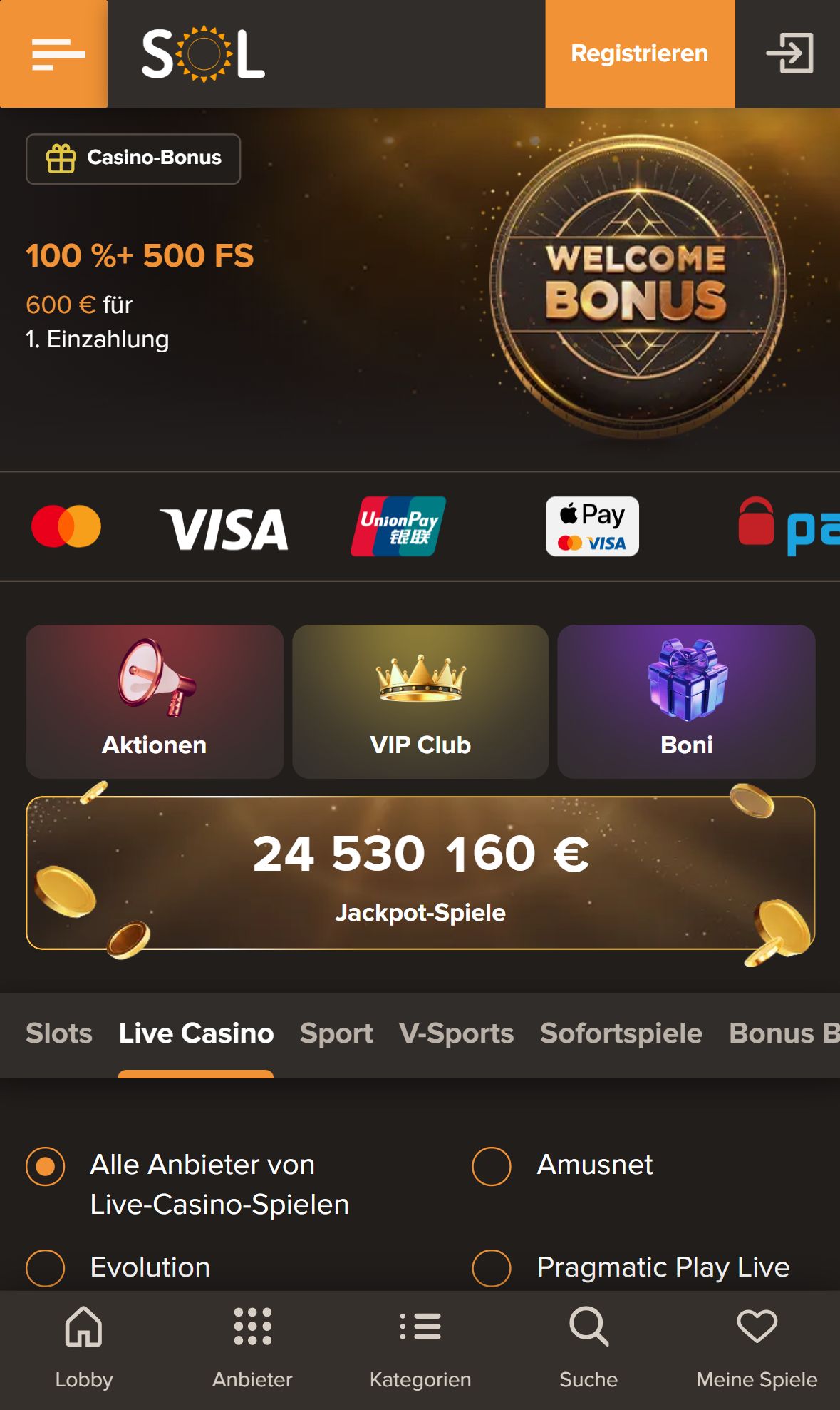 Sol Casino — Lobby (Mobil)