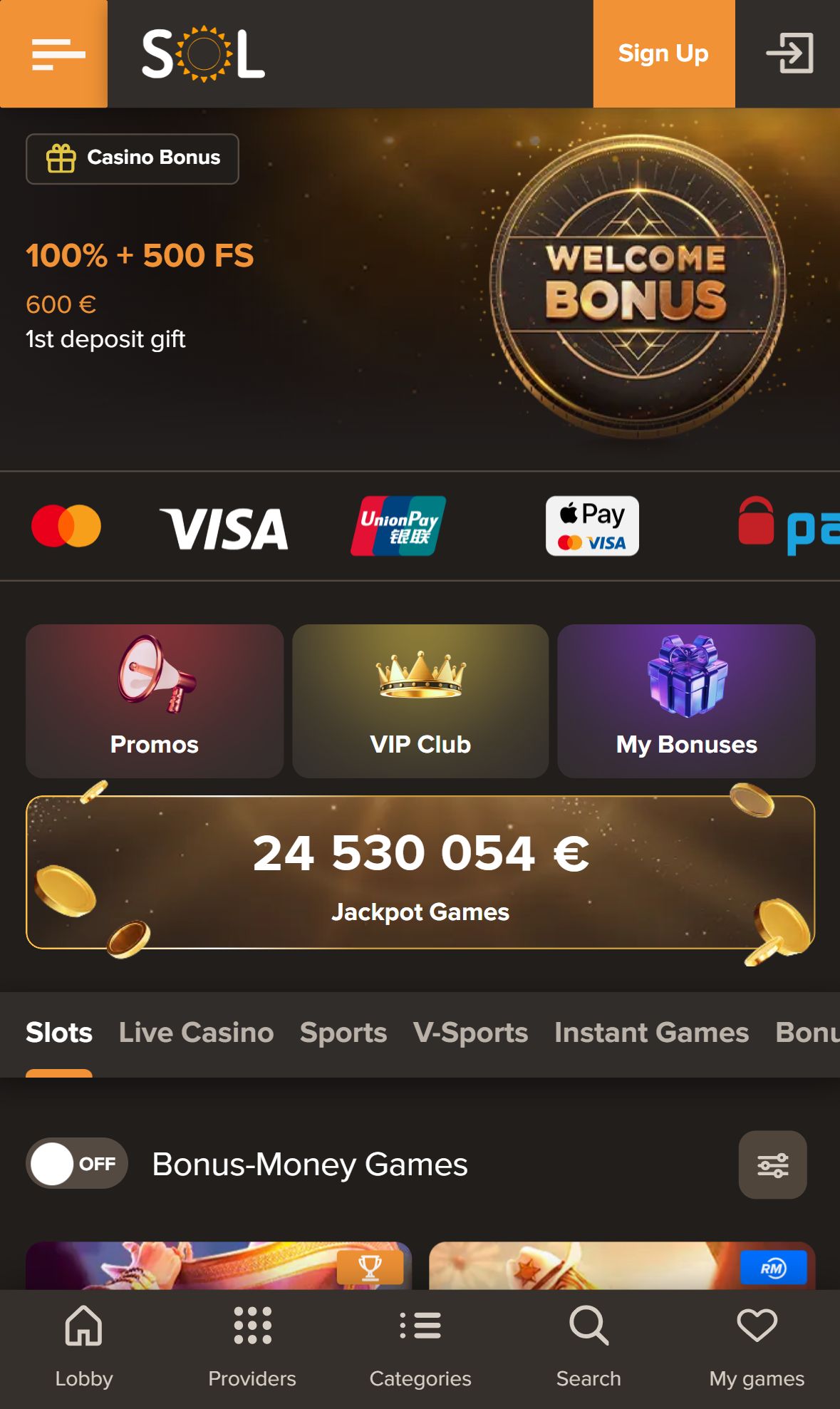 Sol Casino — Lobby (Mobile)