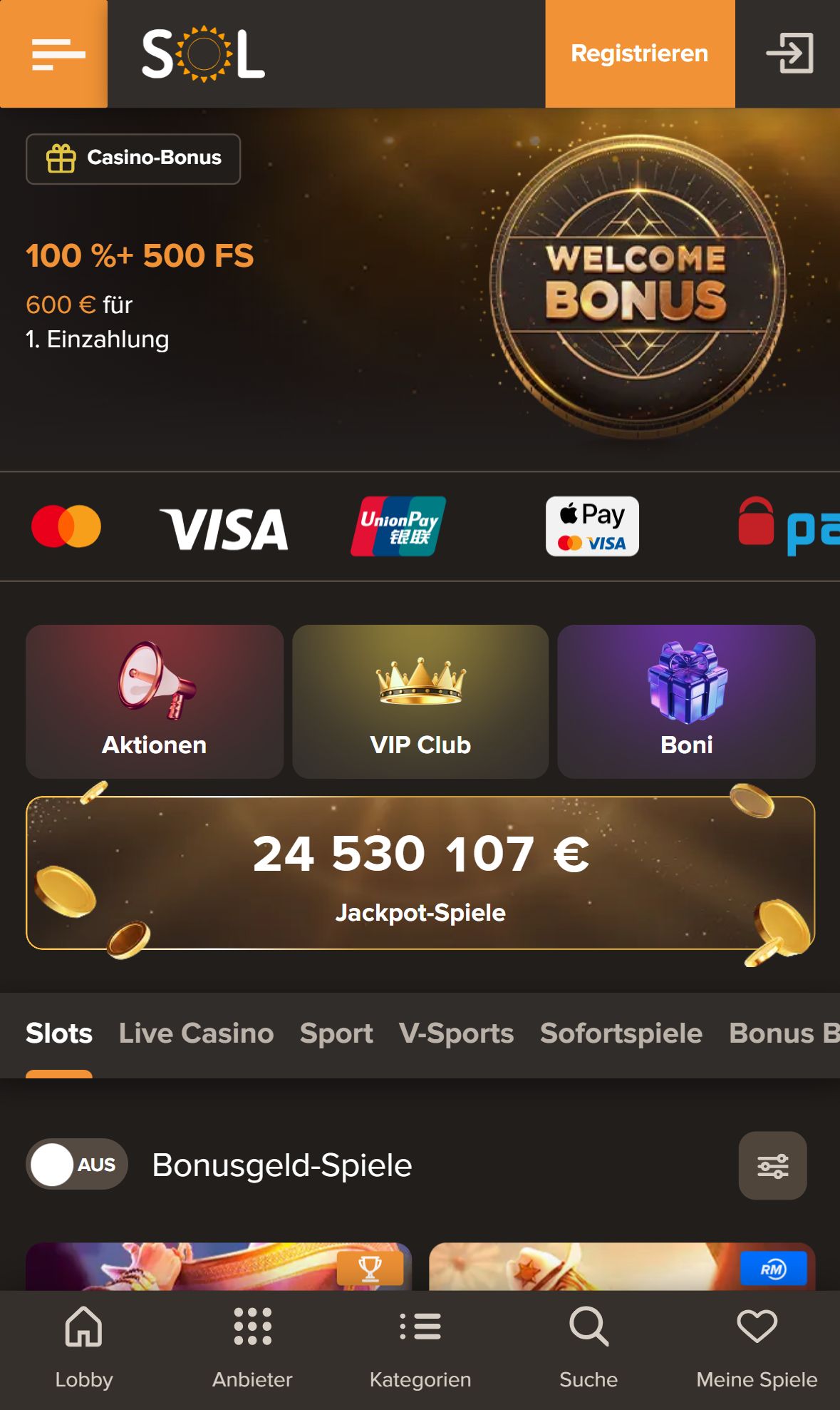 Sol Casino — Startseite (Mobil)