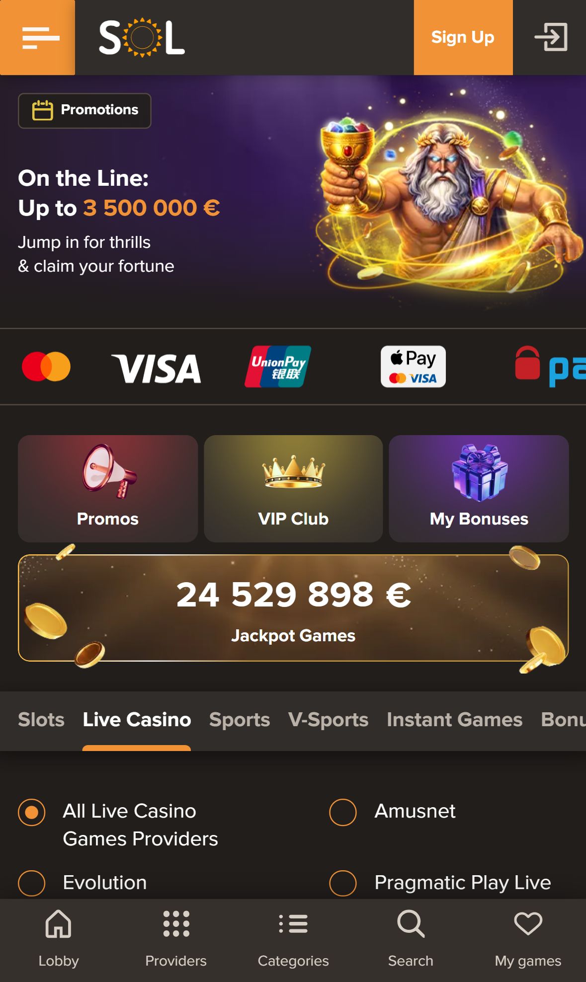 Sol Casino — Homepage (Mobile)