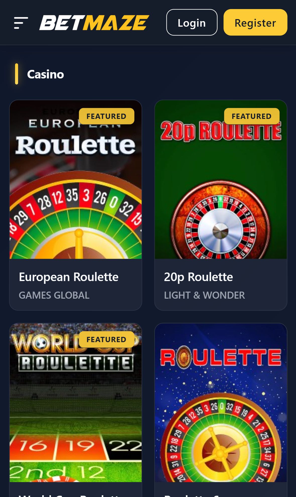 Betmaze — Lobby (Mobile)