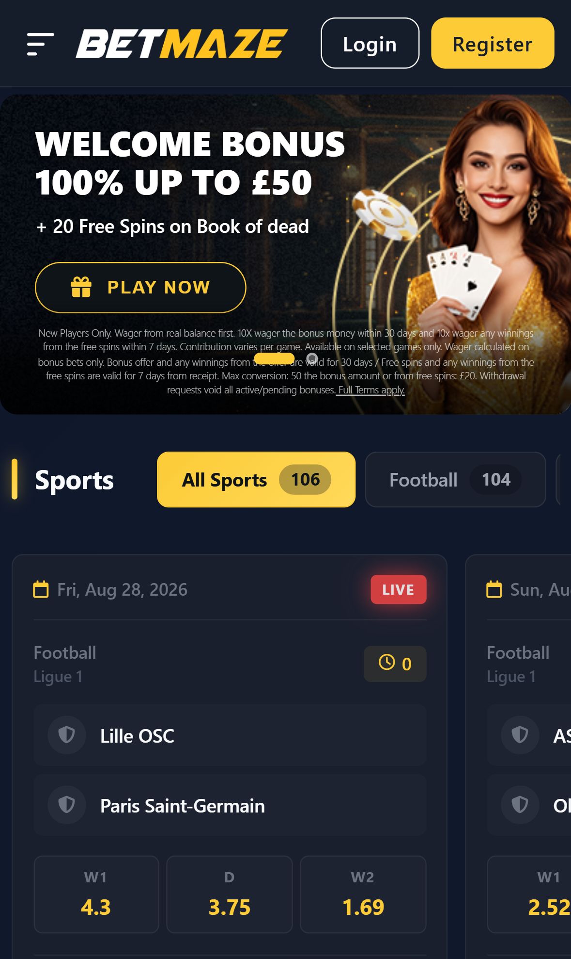 Betmaze — Homepage (Mobile)
