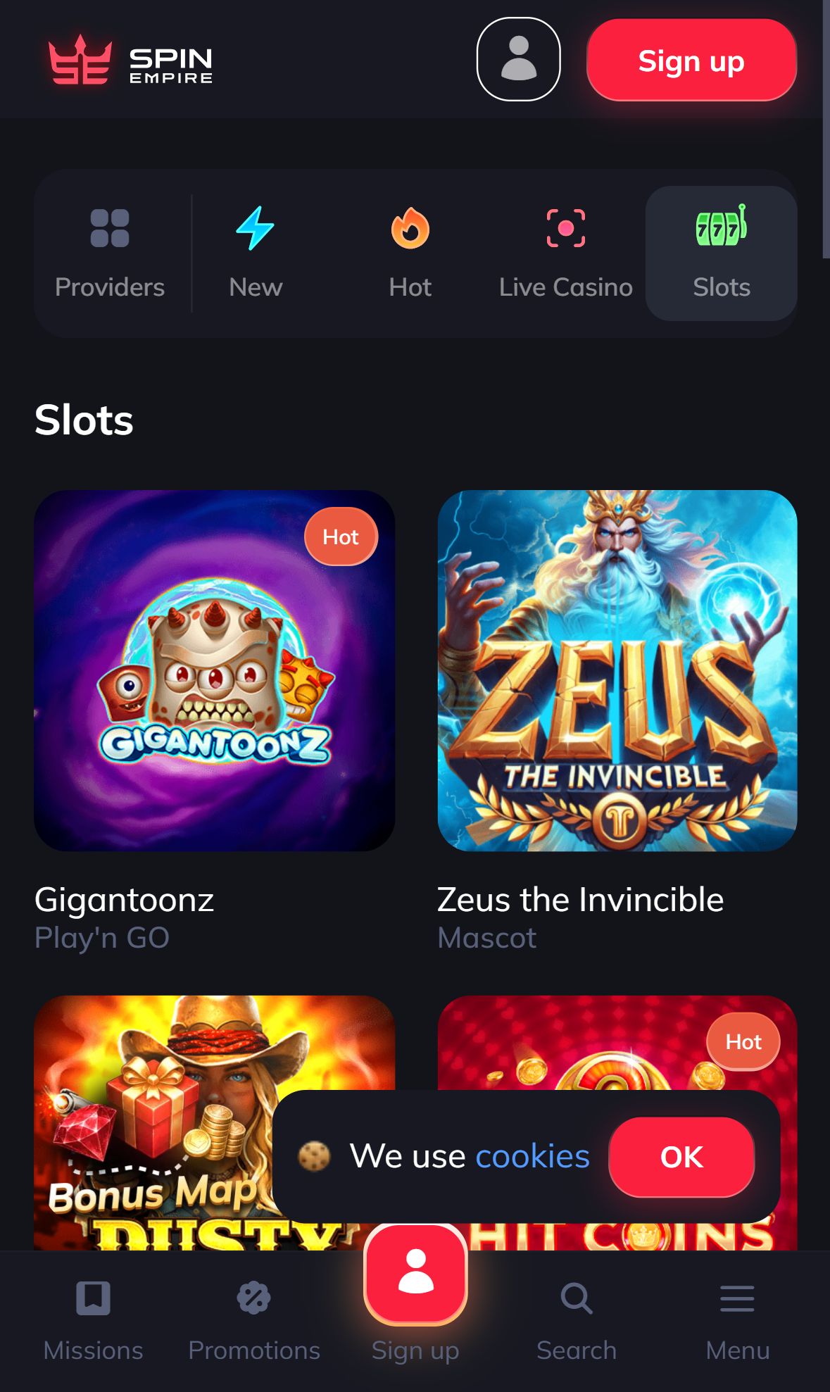 Spin Empire — Homepage (Mobile)