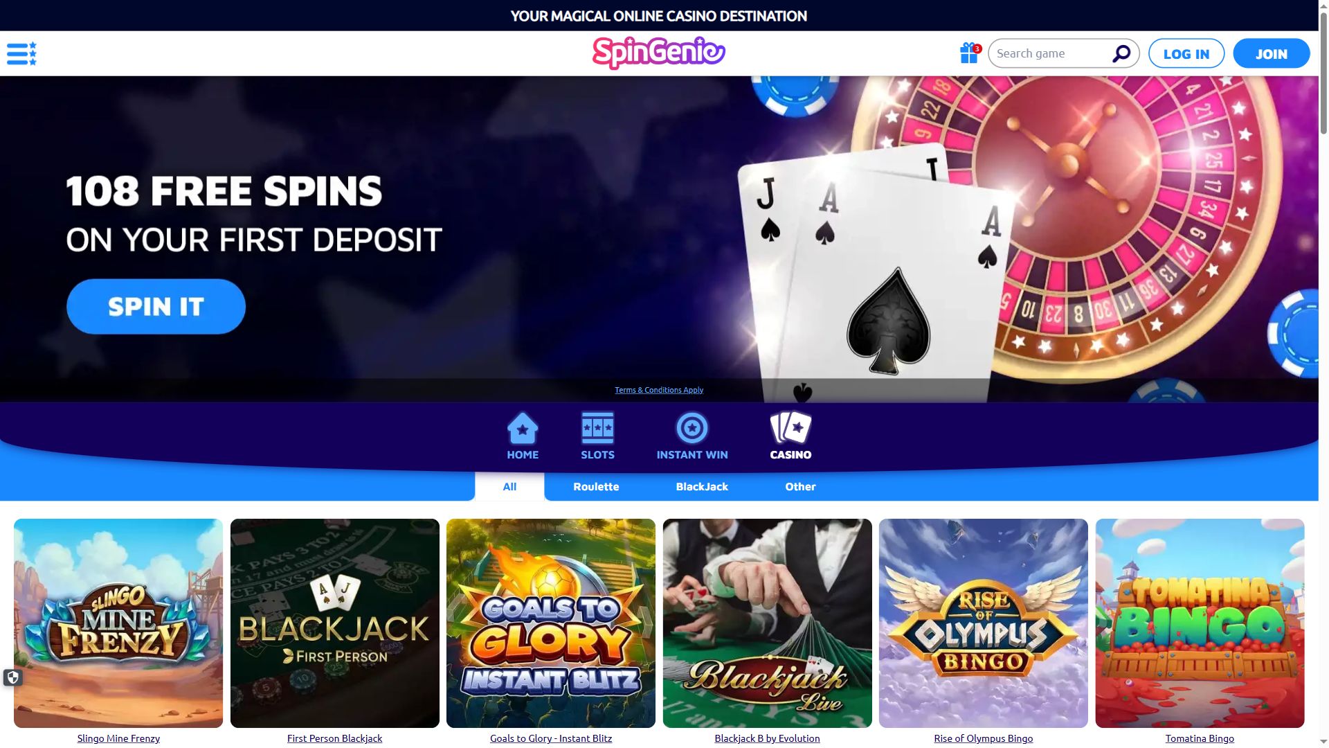 SpinGenie — Lobby (Desktop)