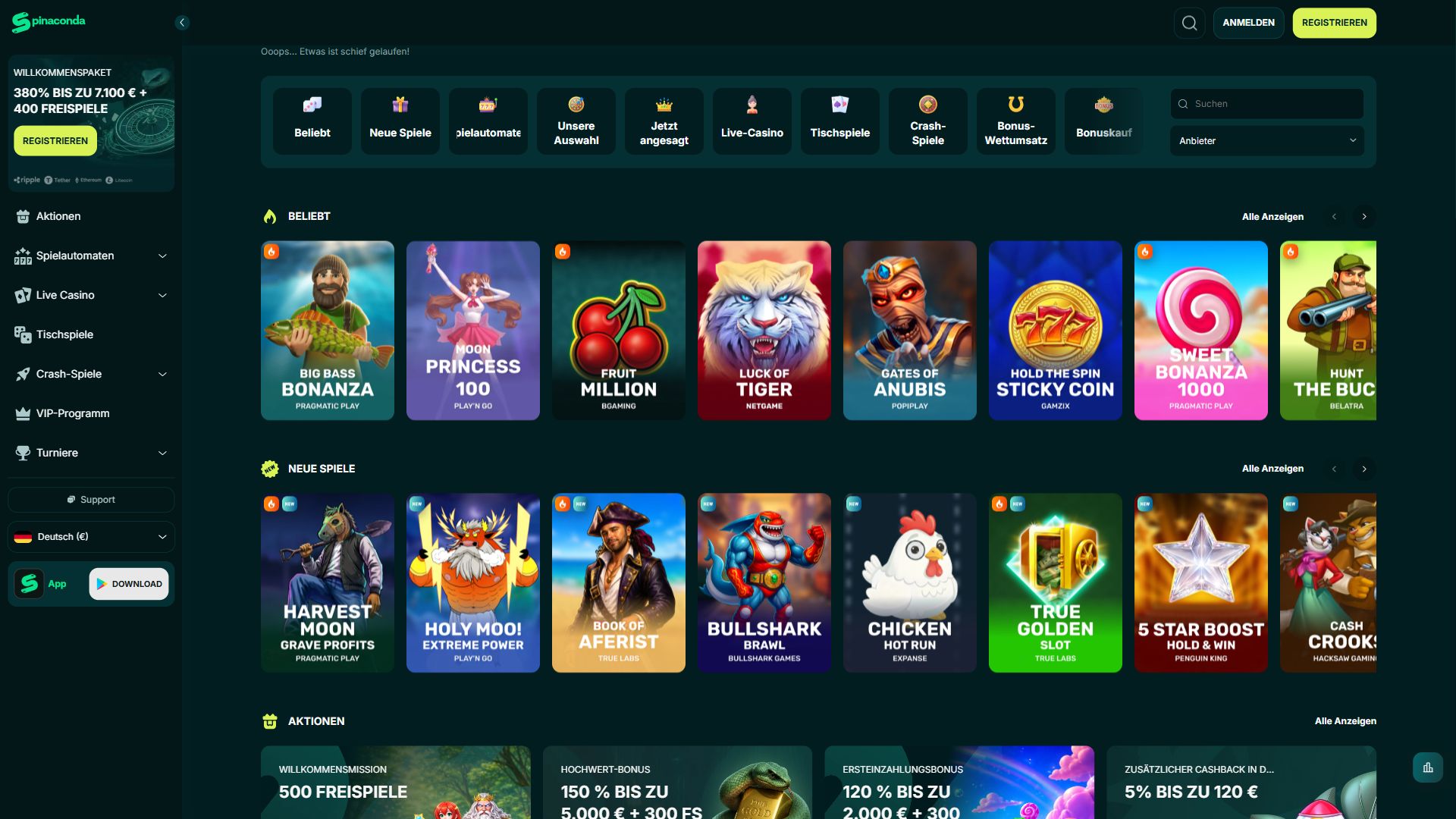 Spinaconda — Startseite (Desktop)