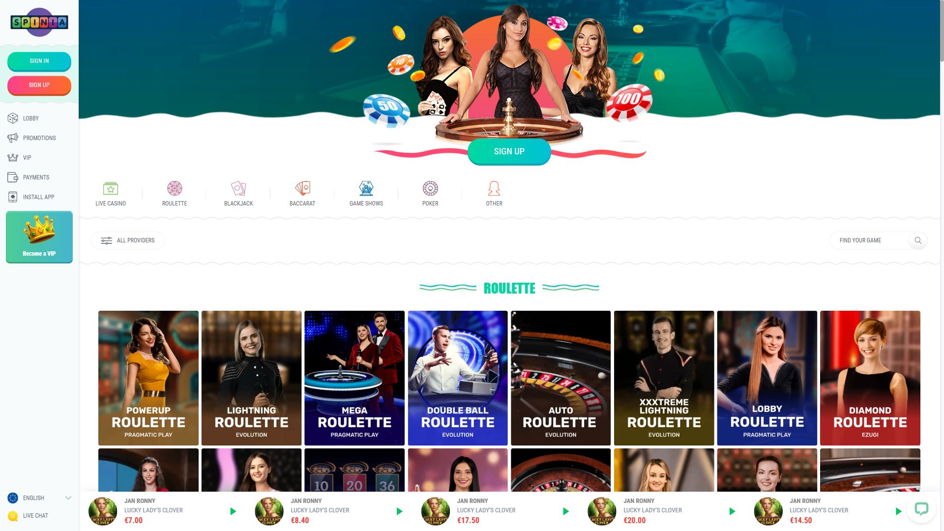 Spinia — Lobby (Desktop)