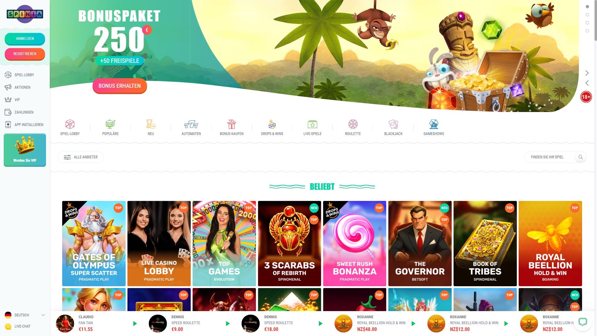 Spinia — Startseite (Desktop)