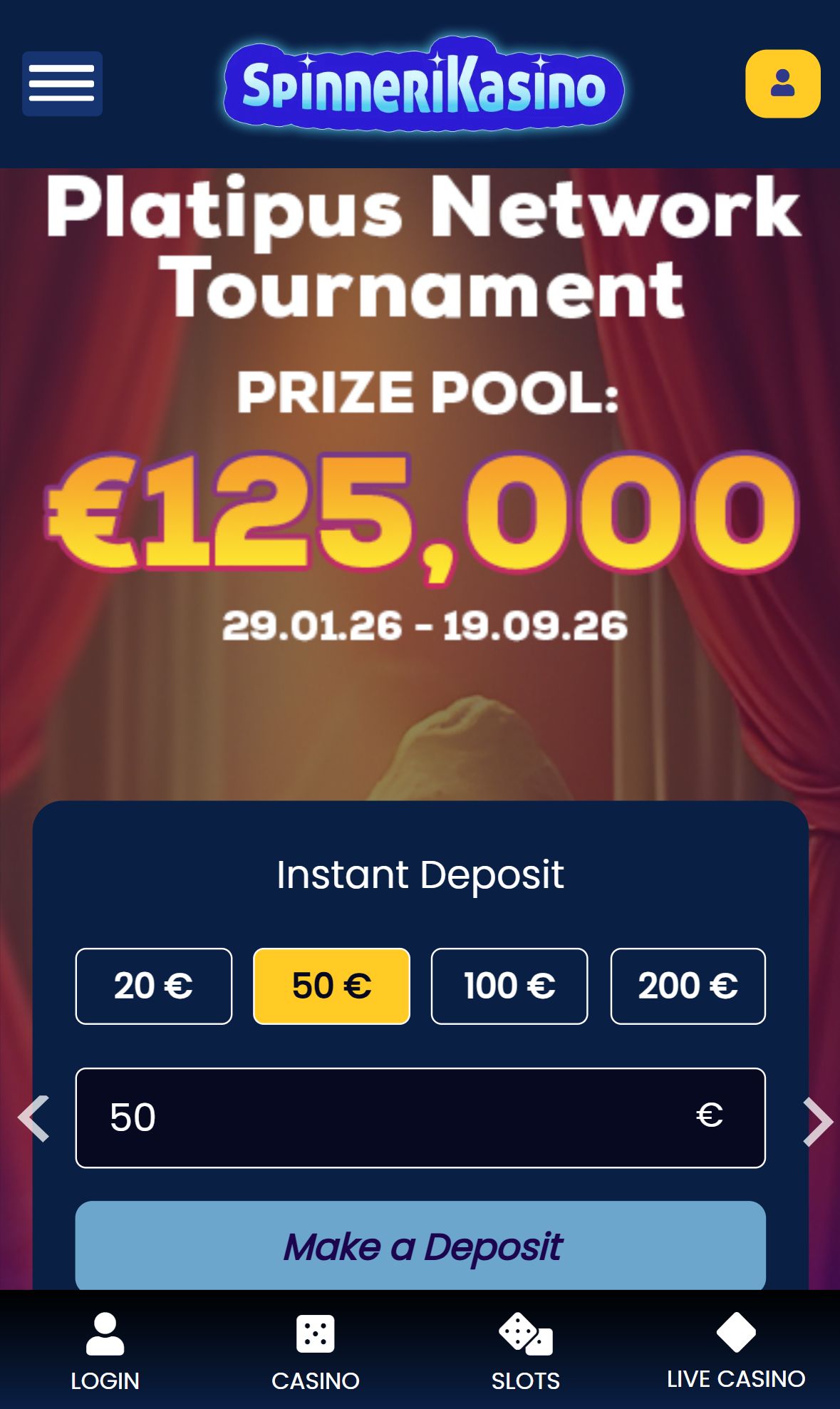 Spinneri Kasino — Homepage (Mobile)