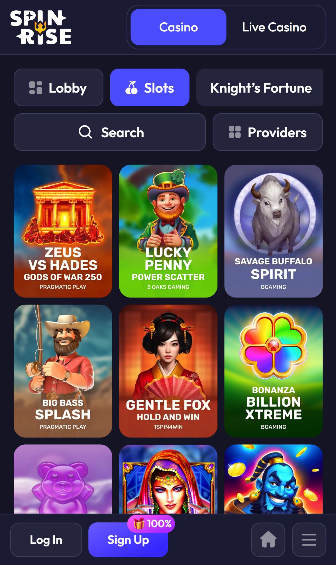 Spinrise — Lobby (Mobile)