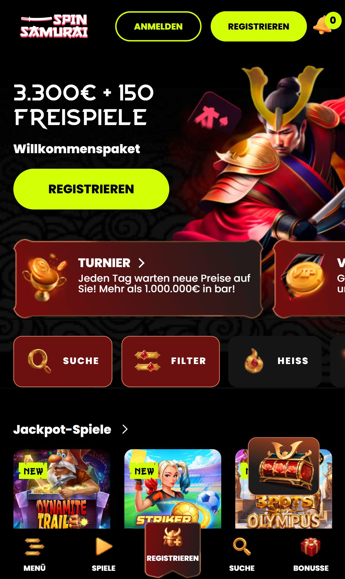 Spin Samurai — Startseite (Mobil)