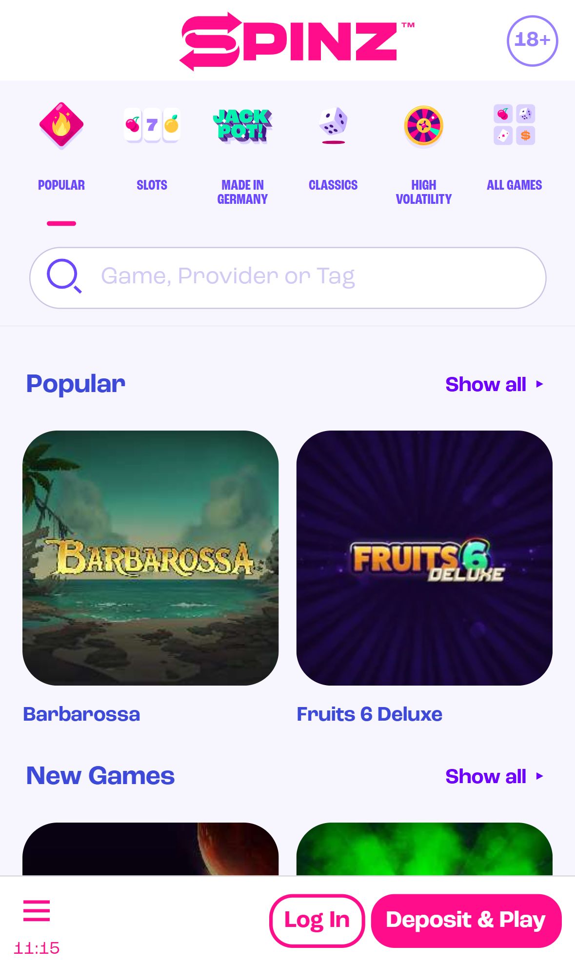 Spinz — Lobby (Mobile)