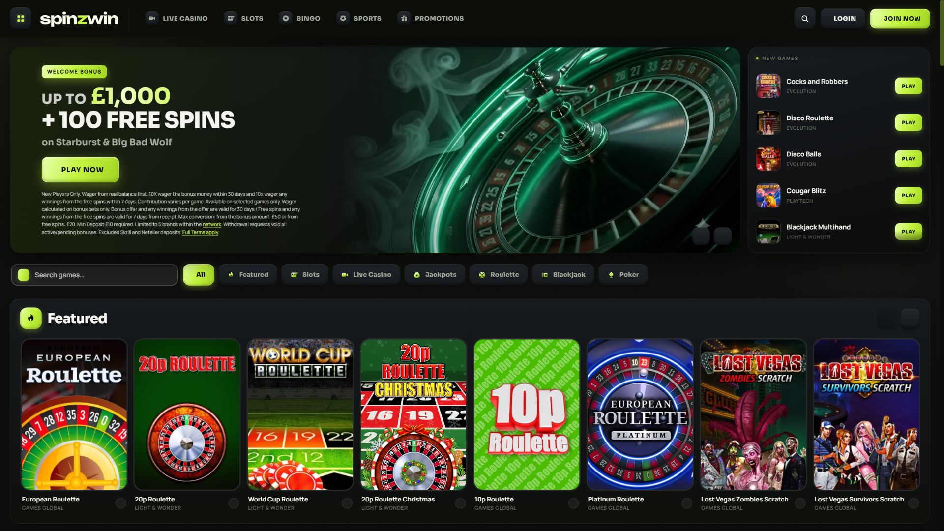 Spinzwin — Homepage (Desktop)
