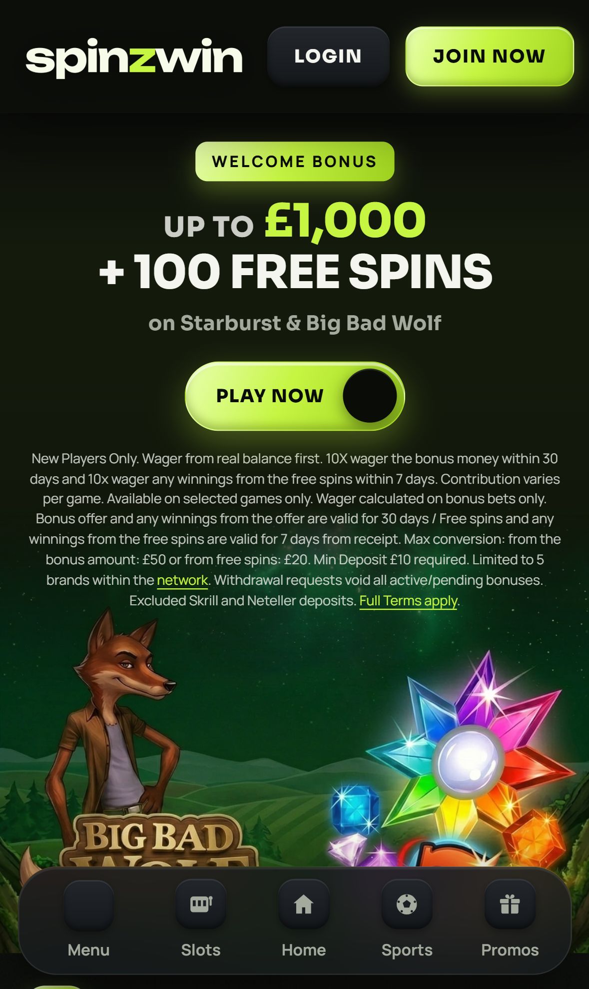 Spinzwin — Homepage (Mobile)