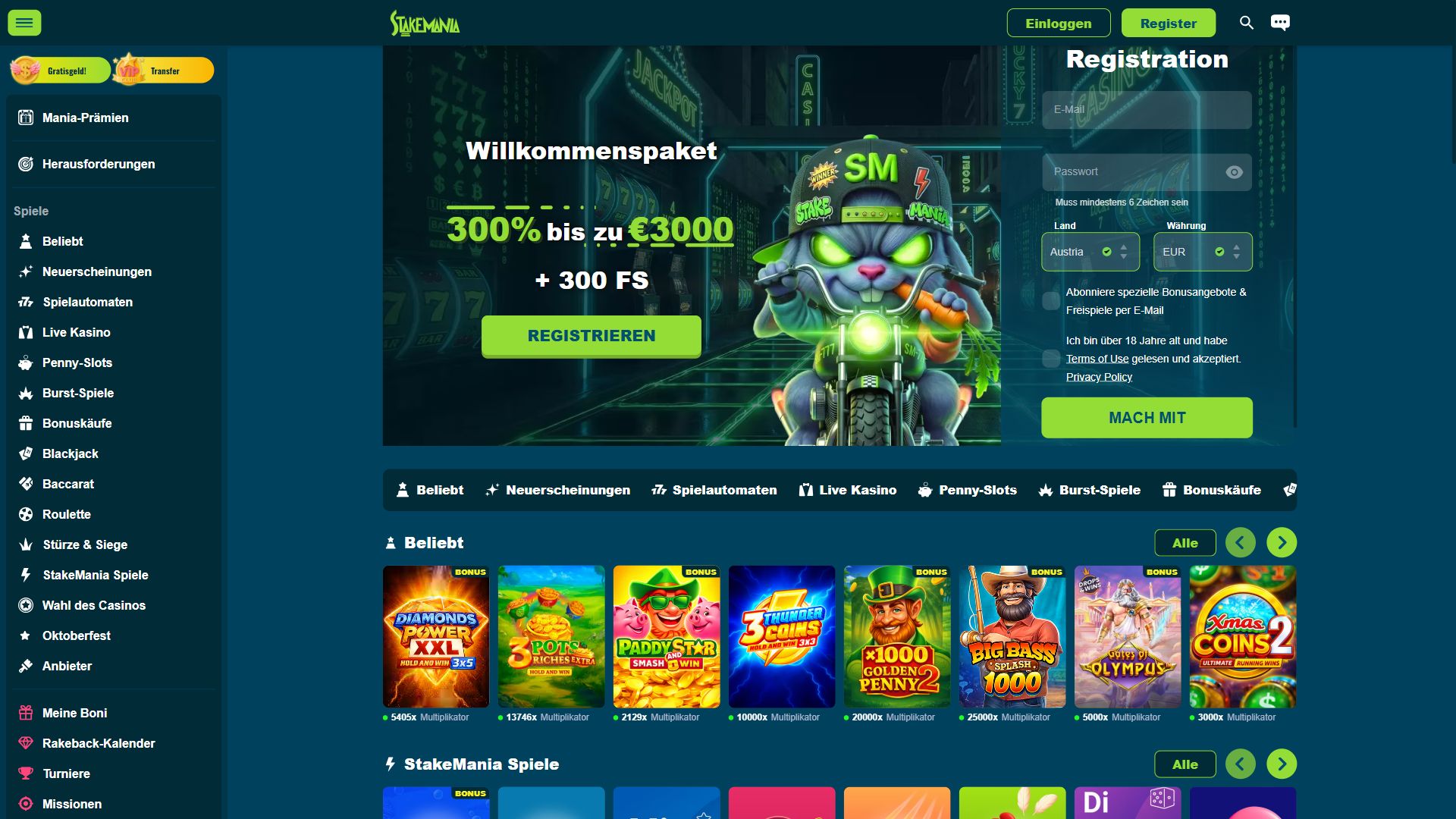 StakeMania — Startseite (Desktop)