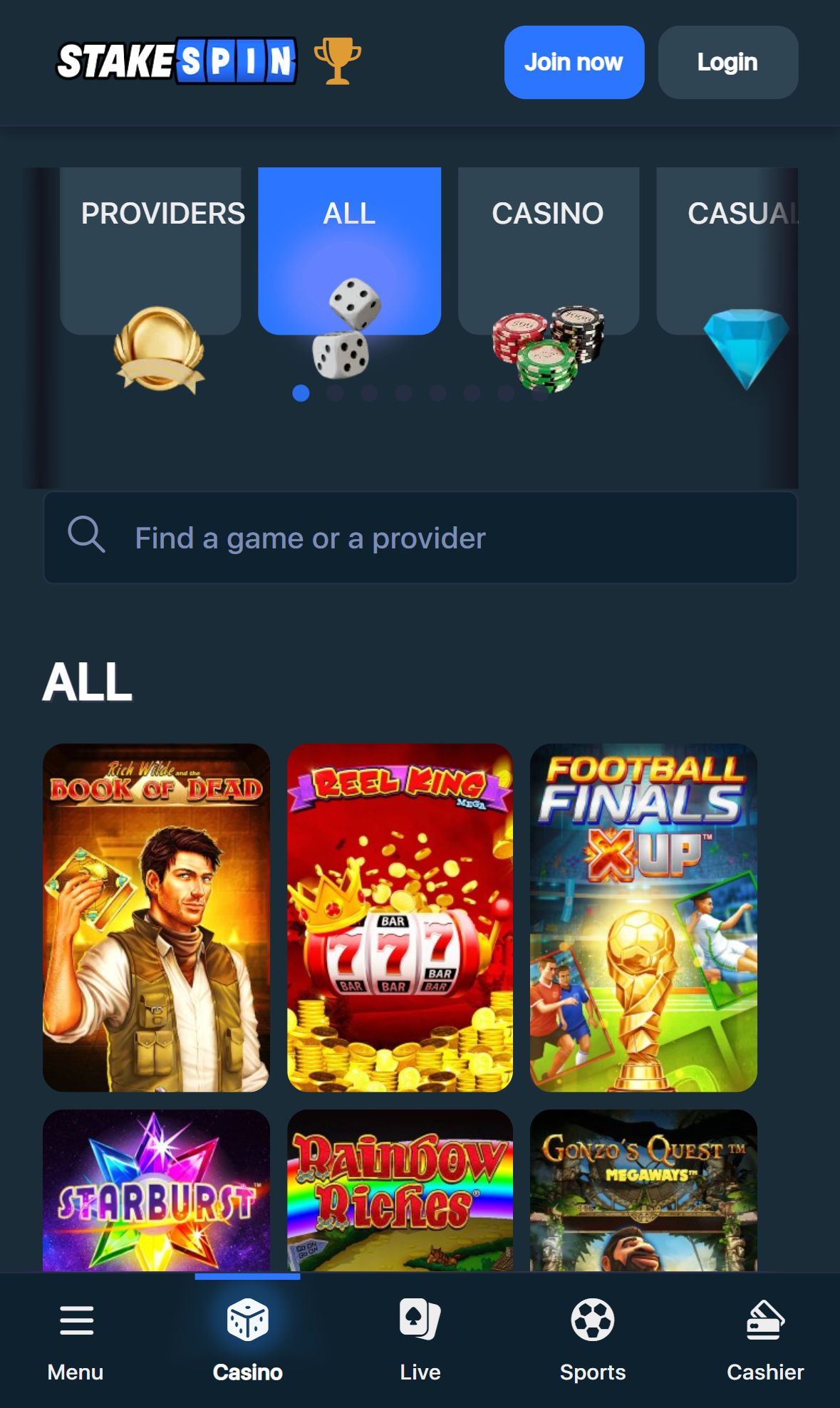 Stakespin — Lobby (Mobile)