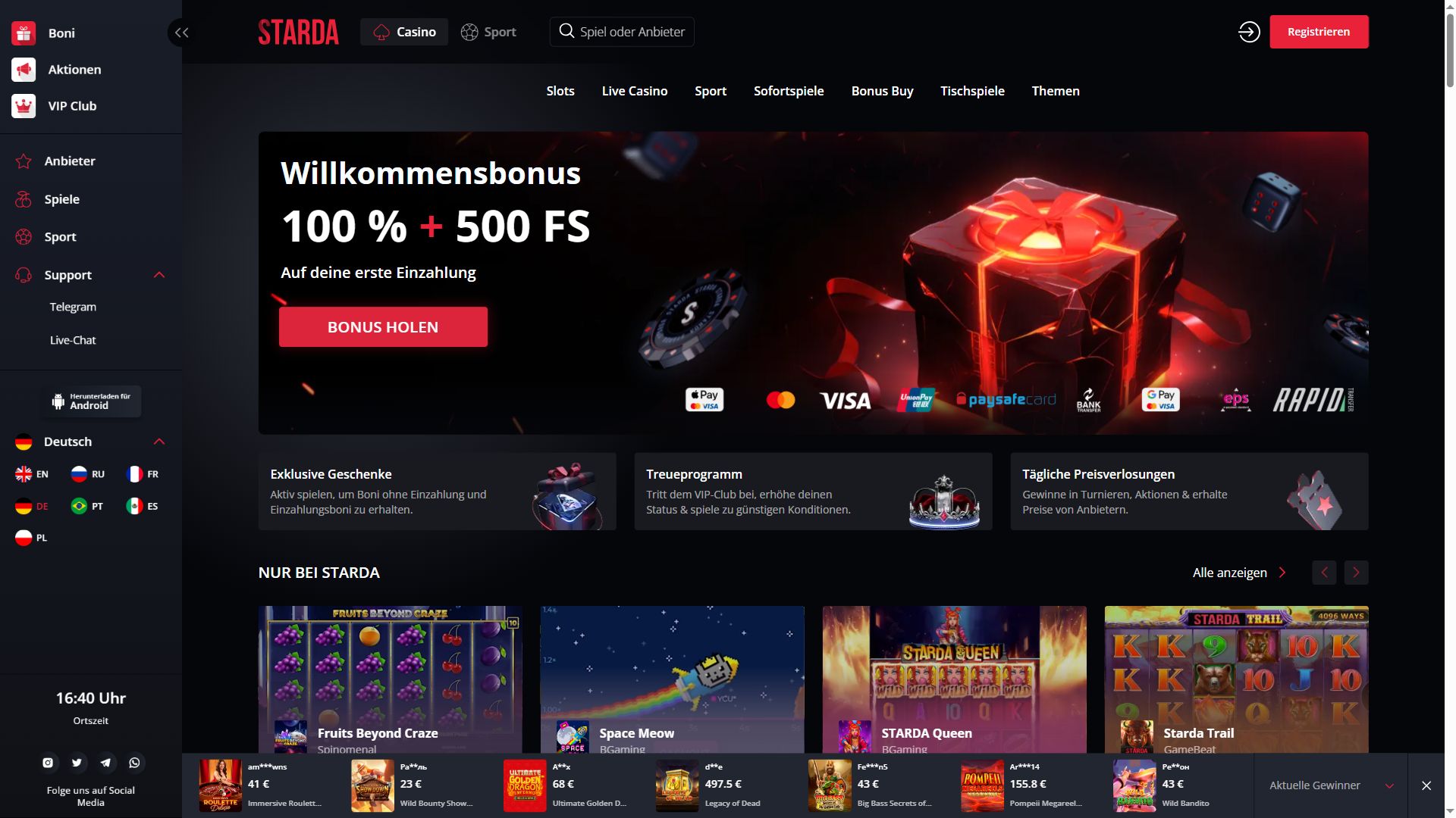 Starda Casino — Startseite (Desktop)