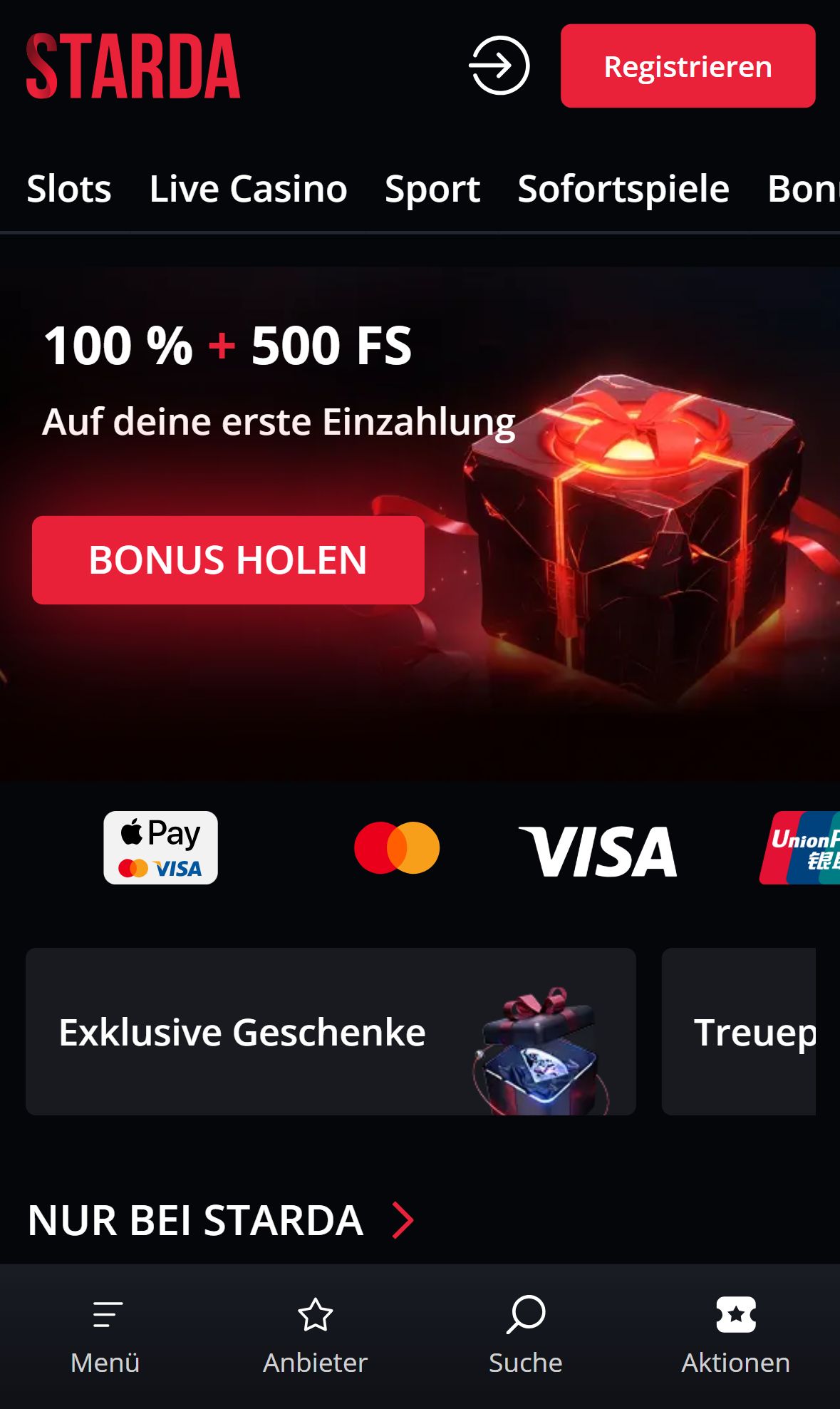 Starda Casino — Startseite (Mobil)