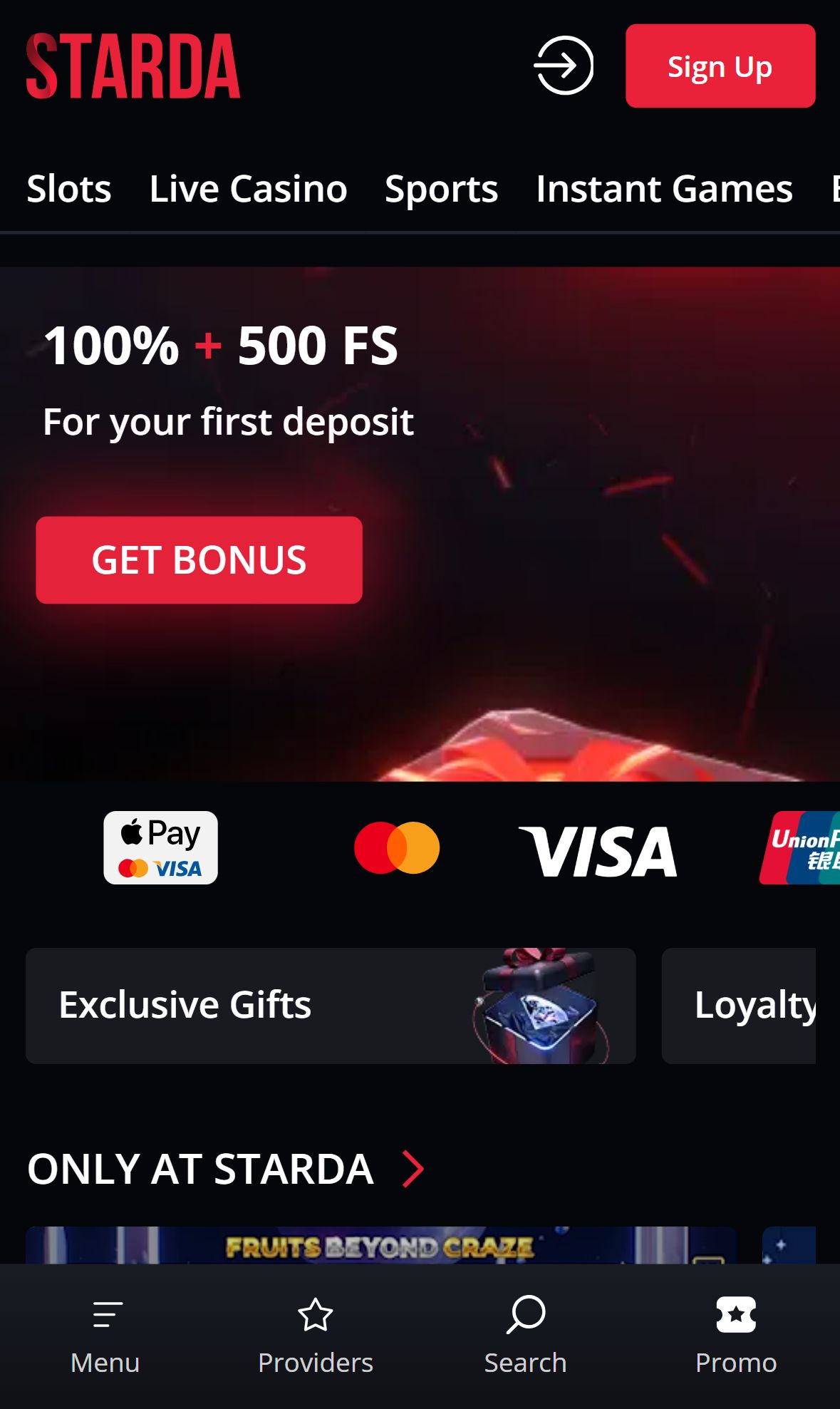 Starda Casino — Homepage (Mobile)