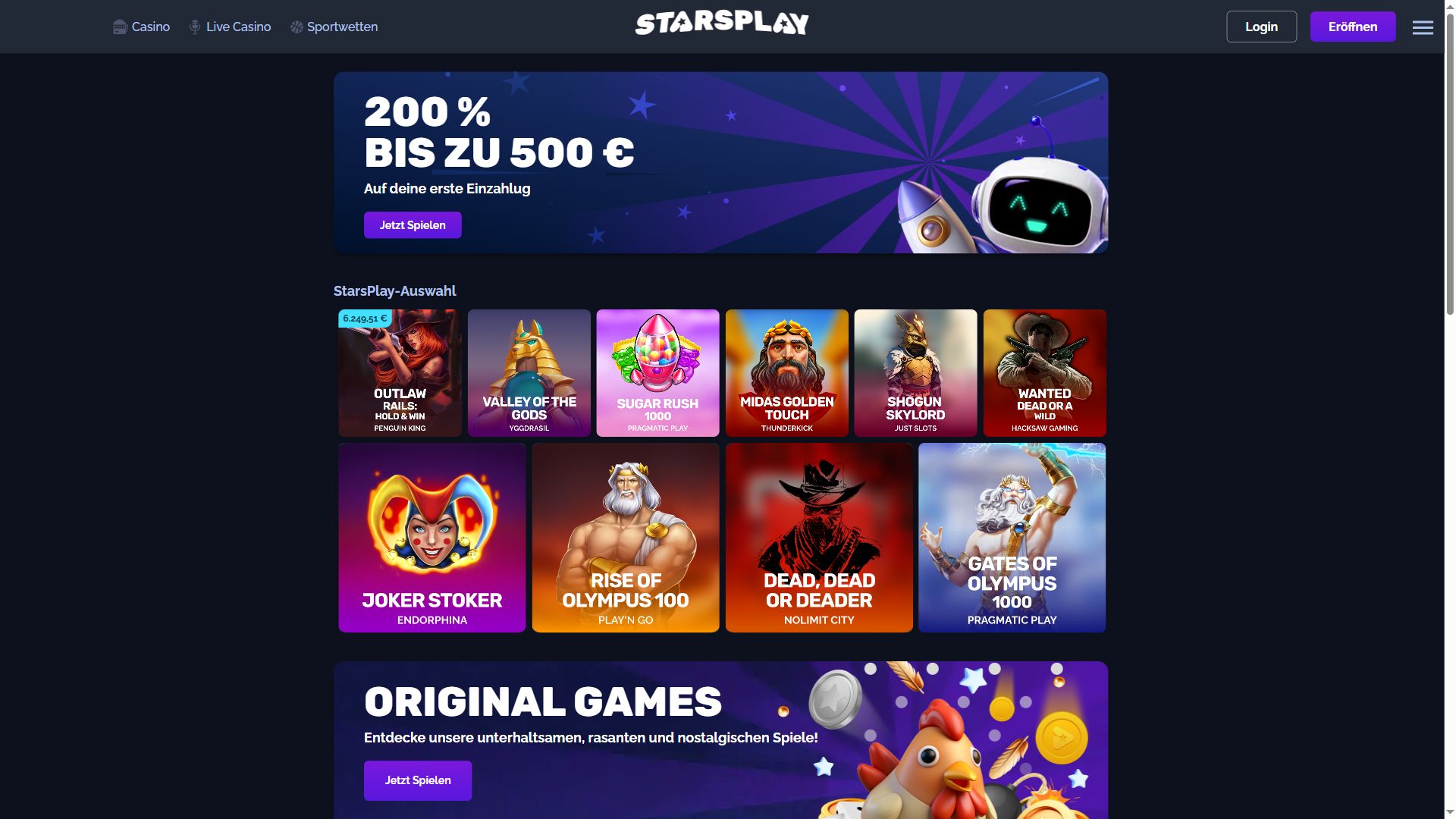 StarsPlay — Startseite (Desktop)