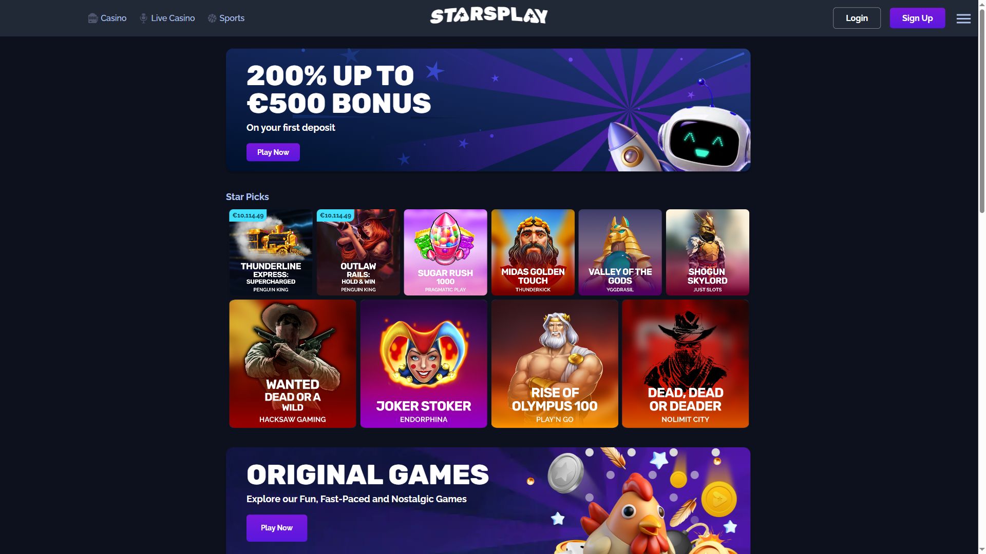 StarsPlay — Homepage (Desktop)