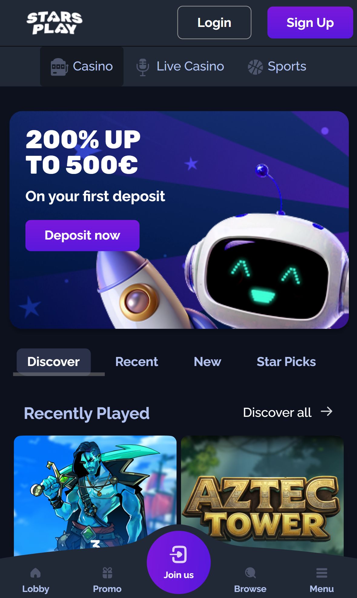 StarsPlay — Lobby (Mobile)