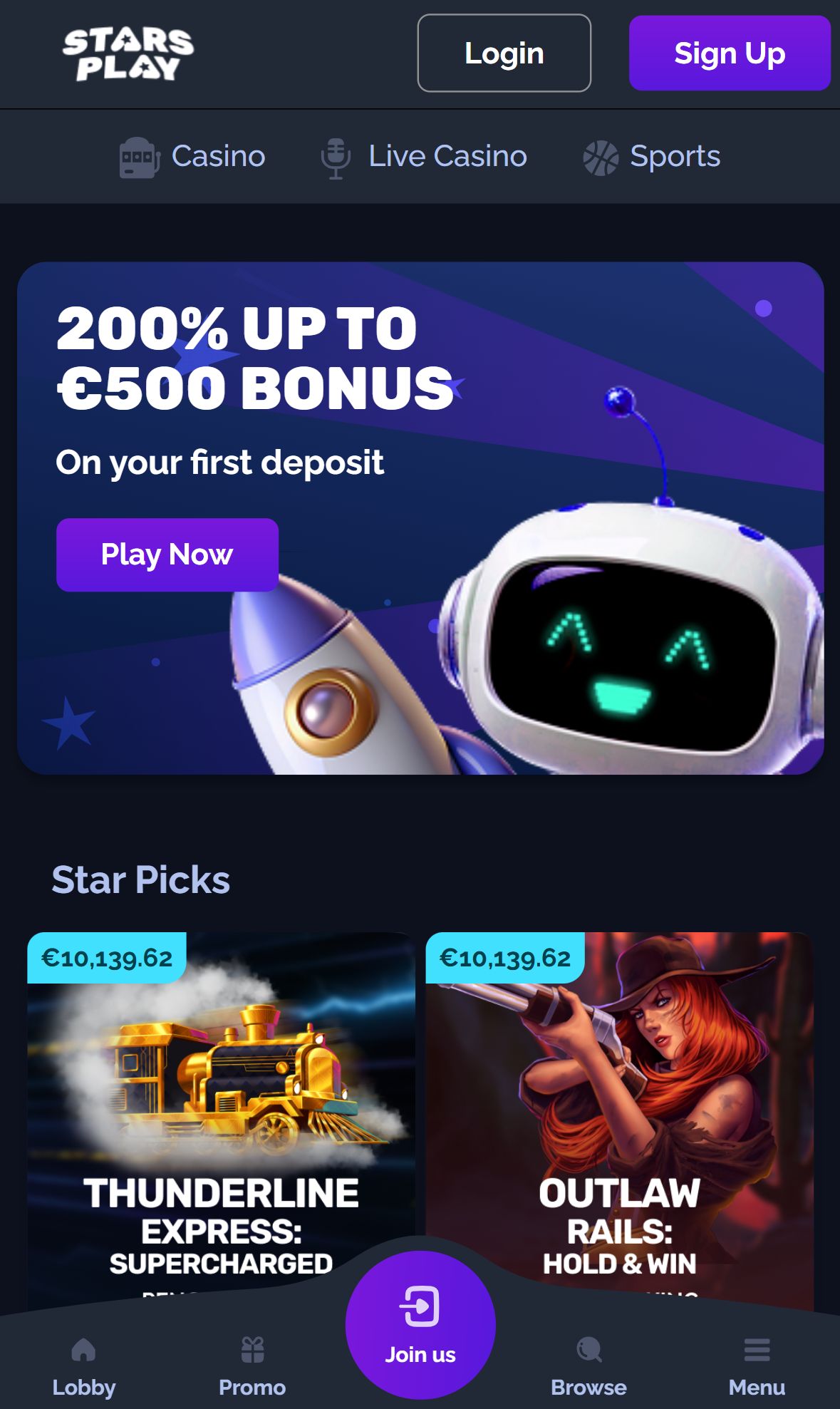 StarsPlay — Homepage (Mobile)