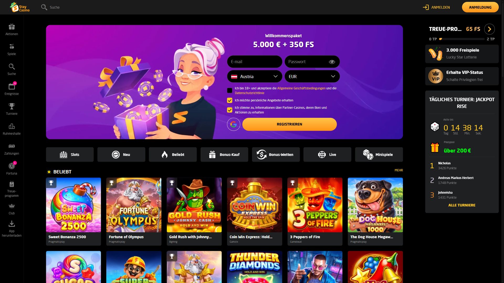 Stay Casino — Startseite (Desktop)