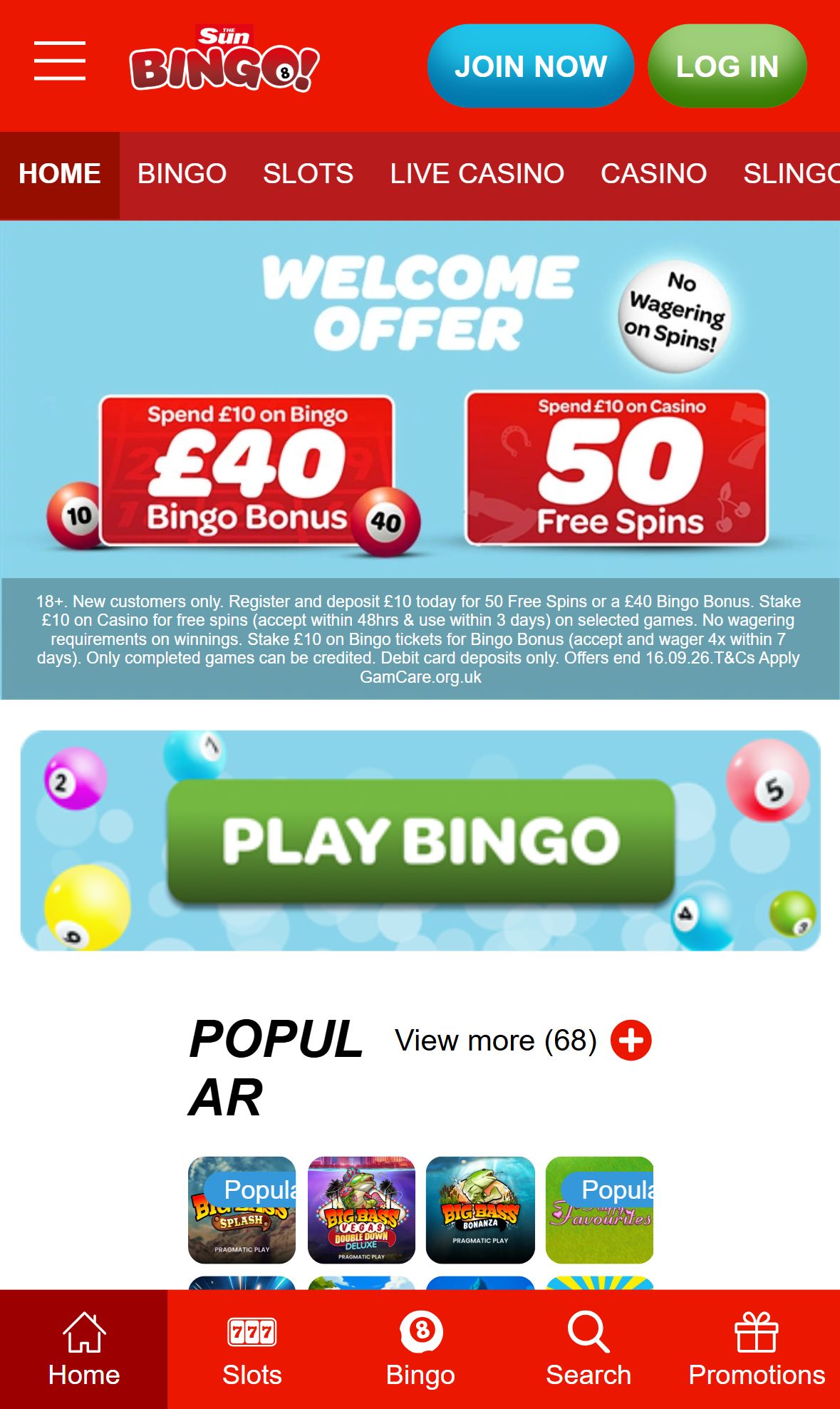 Sunbingo — Homepage (Mobile)