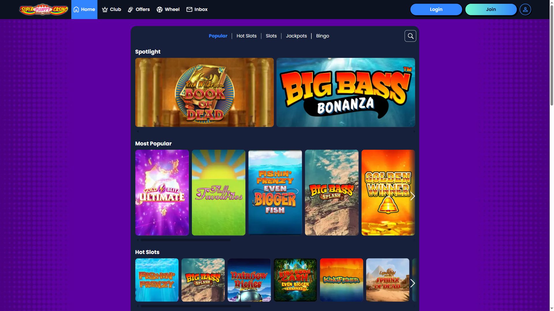 Super Mega Fluffy Vegas Jackpot Casino — Lobby (Desktop)