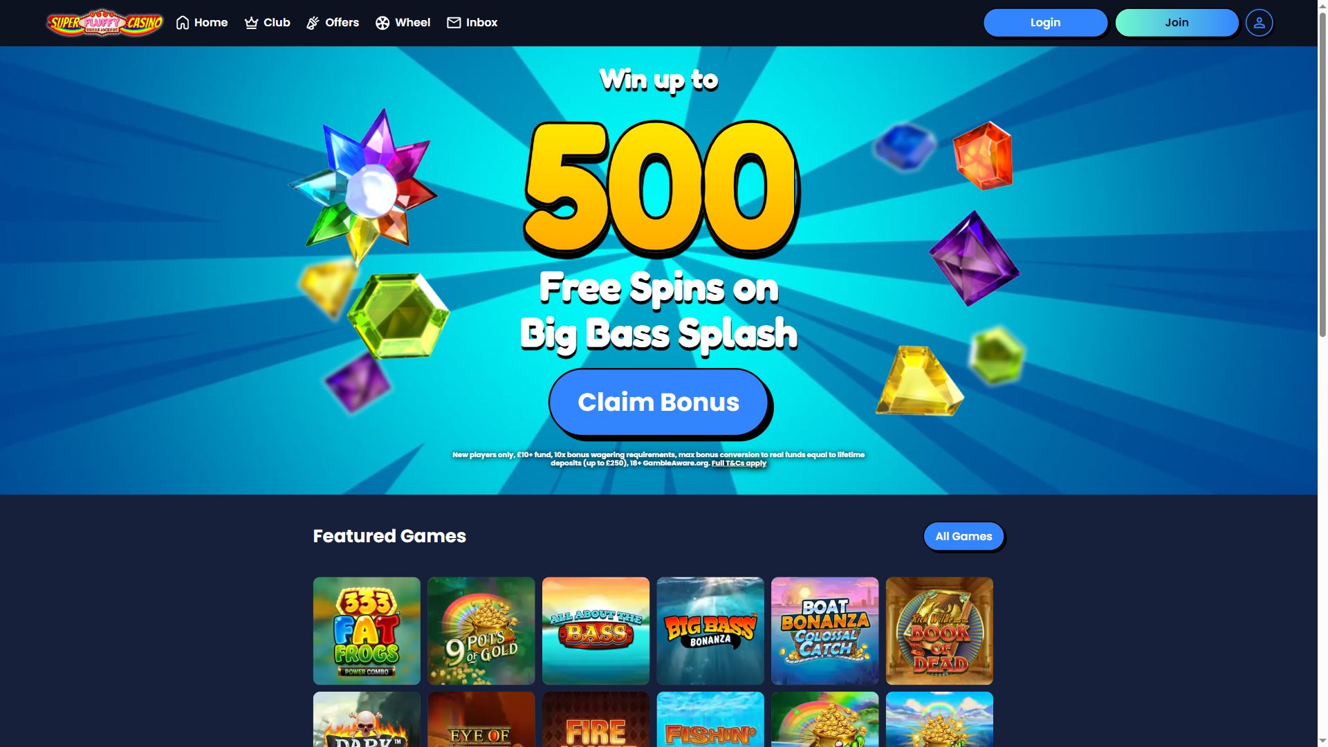 Super Mega Fluffy Vegas Jackpot Casino — Homepage (Desktop)