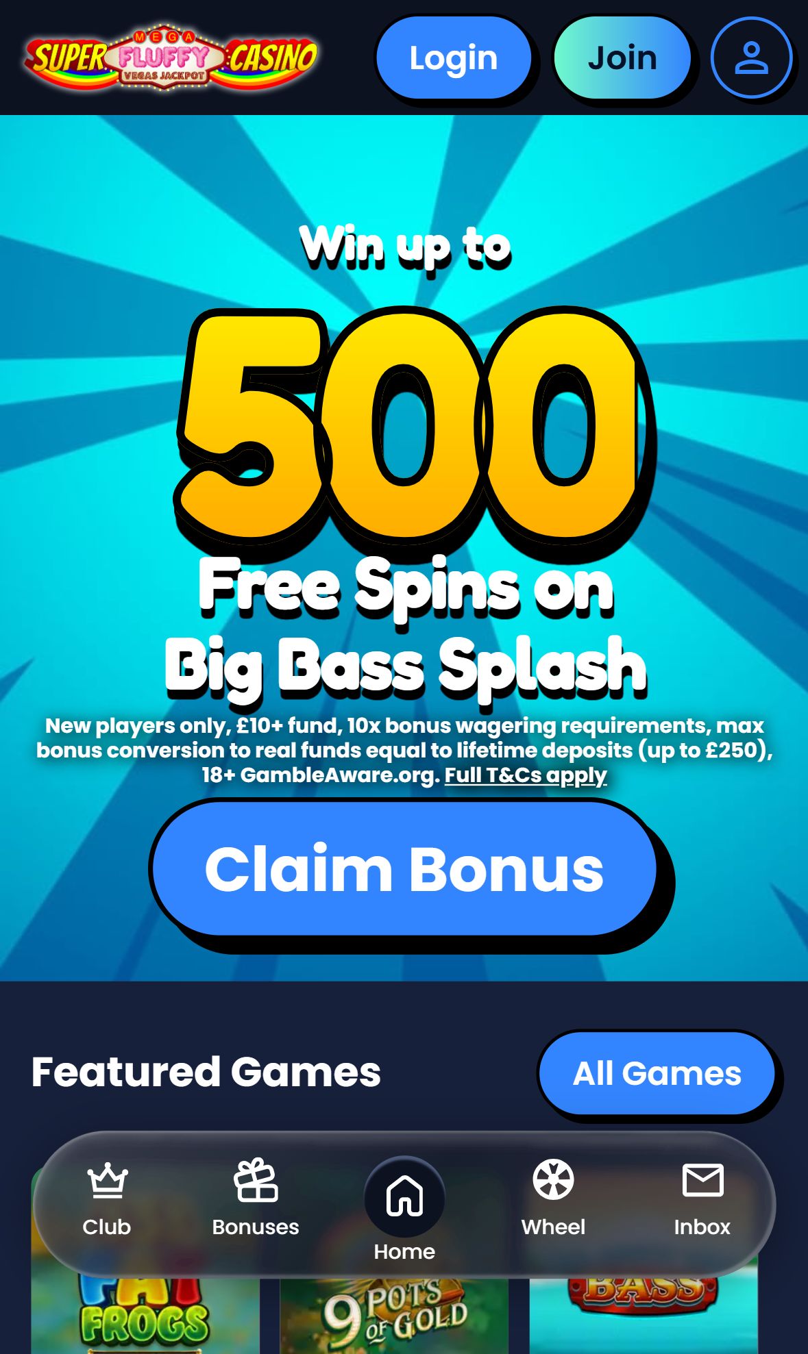 Super Mega Fluffy Vegas Jackpot Casino — Homepage (Mobile)