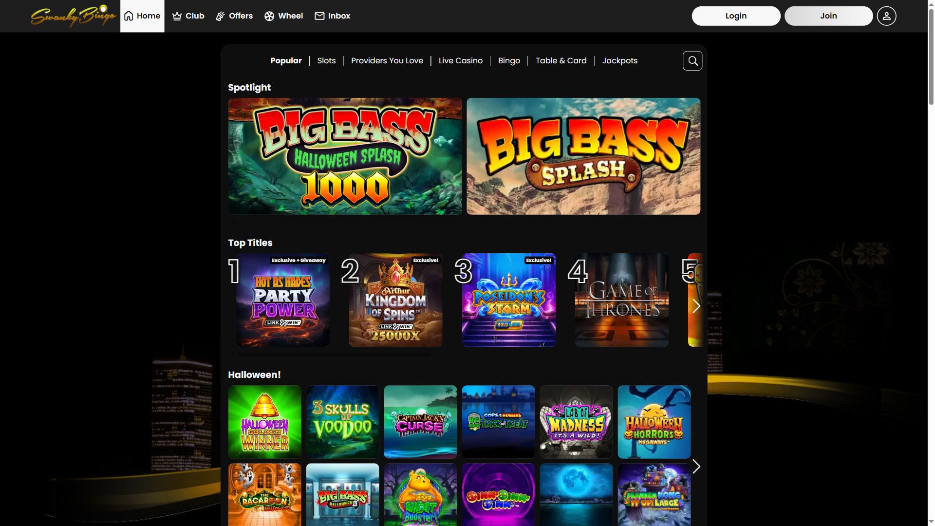 Swanky Bingo — Lobby (Desktop)