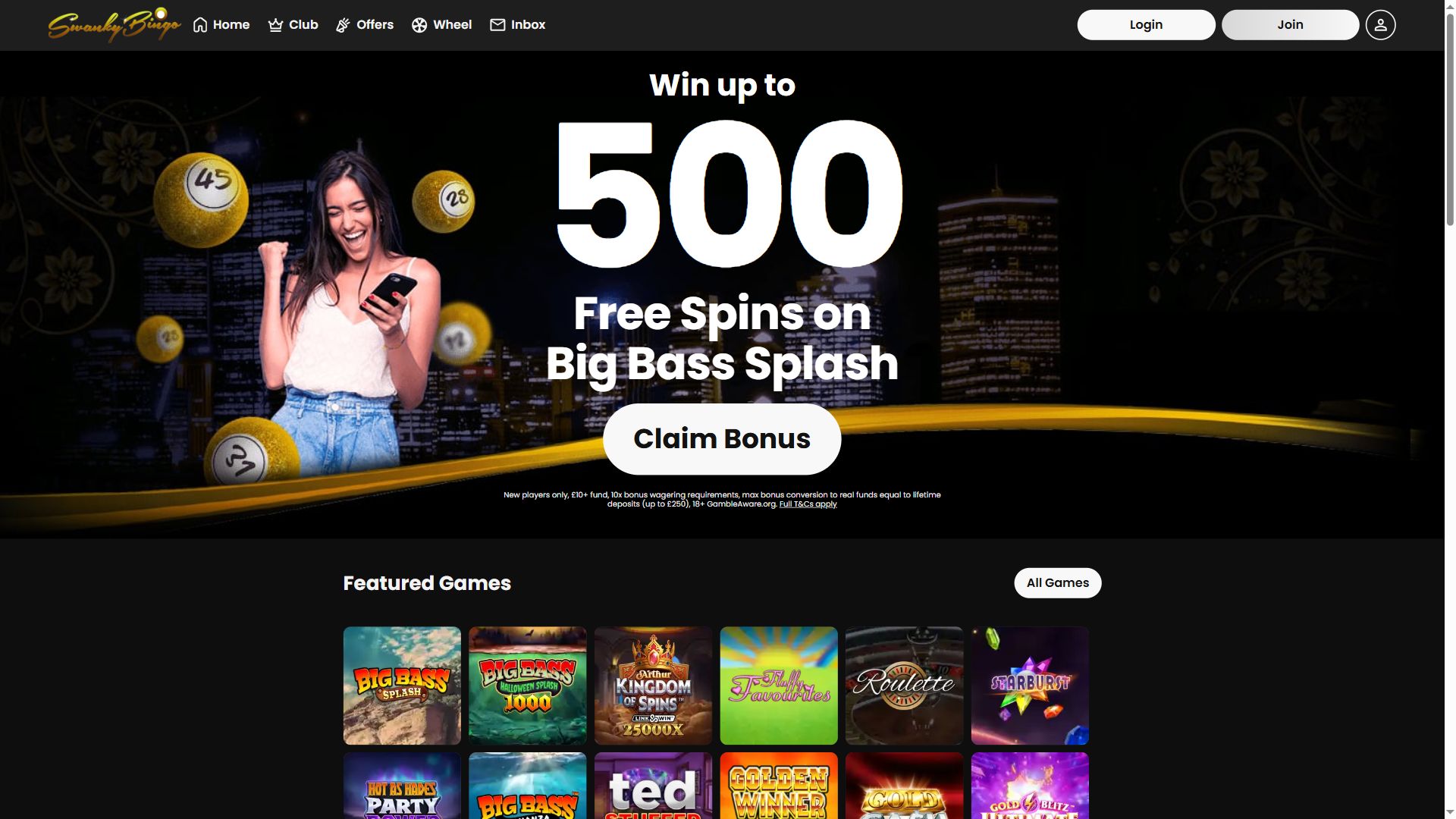 Swanky Bingo — Homepage (Desktop)