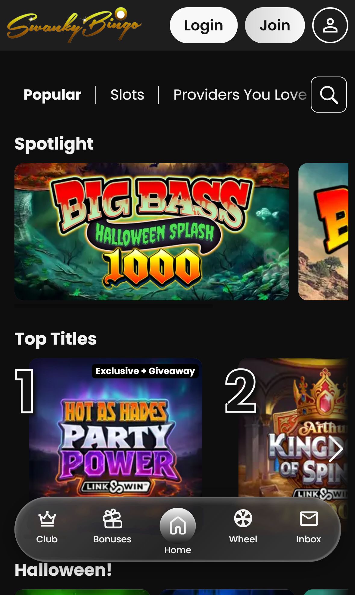 Swanky Bingo — Lobby (Mobile)