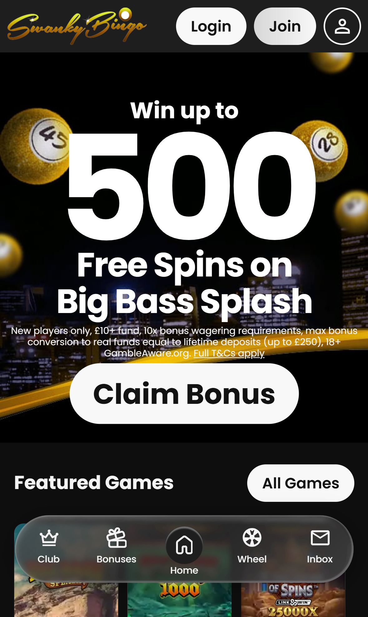 Swanky Bingo — Homepage (Mobile)