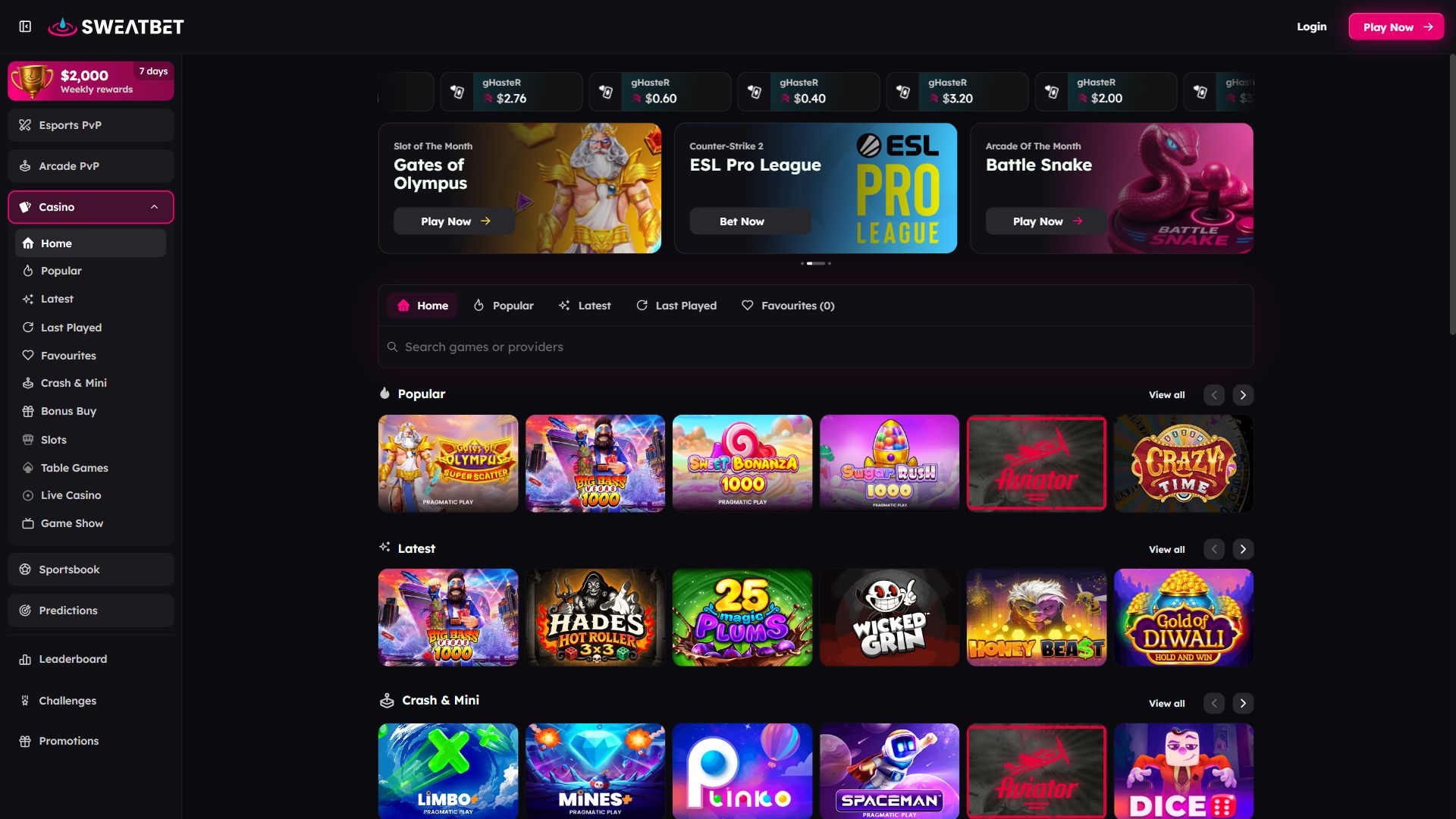 SweatBet — Lobby (Desktop)