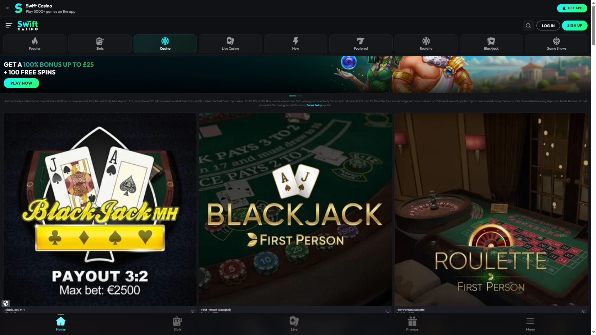 Swiftcasino — Lobby (Desktop)