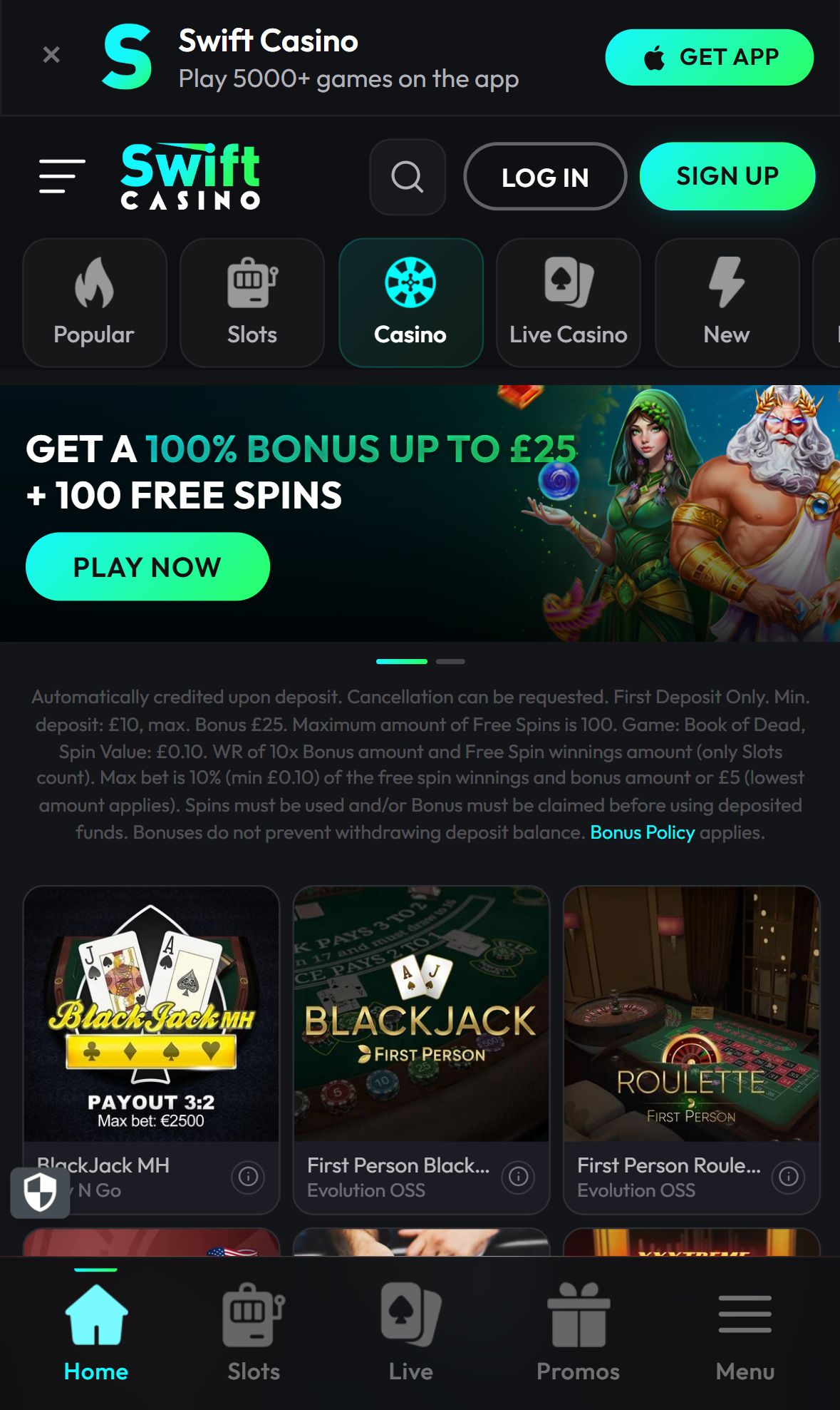 Swiftcasino — Lobby (Mobile)