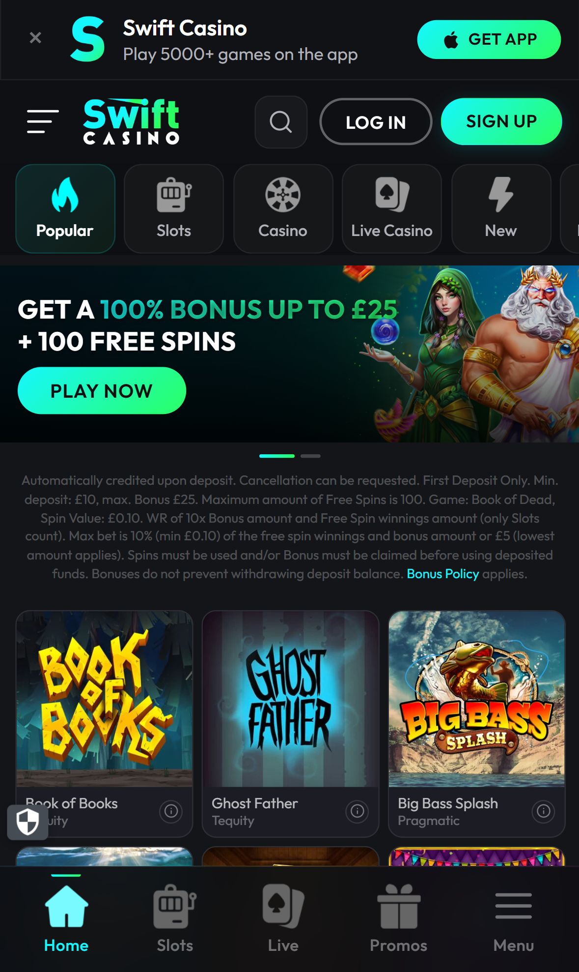 Swiftcasino — Homepage (Mobile)