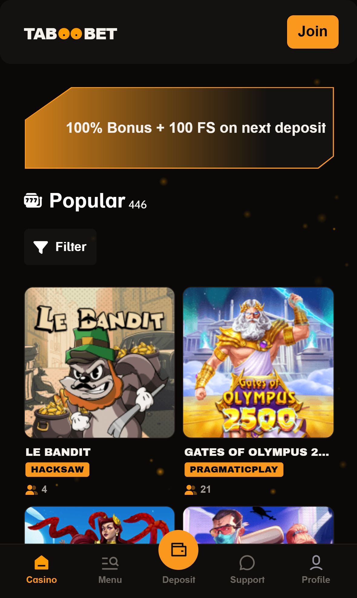 TabooBet — Lobby (Mobile)