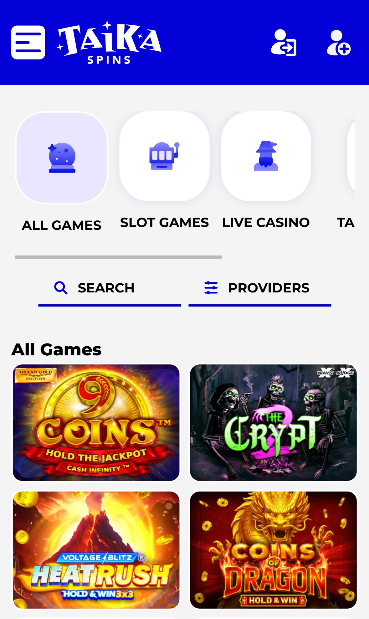 Taika Spins — Lobby (Mobile)