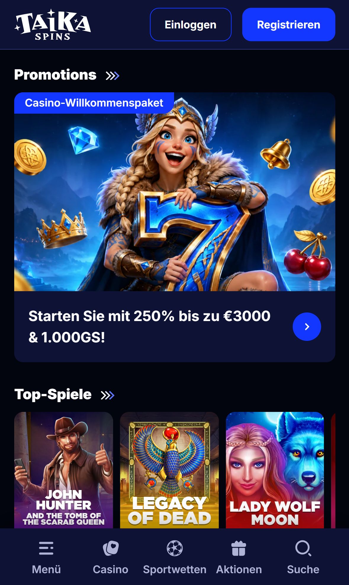 Taika Spins — Startseite (Mobil)