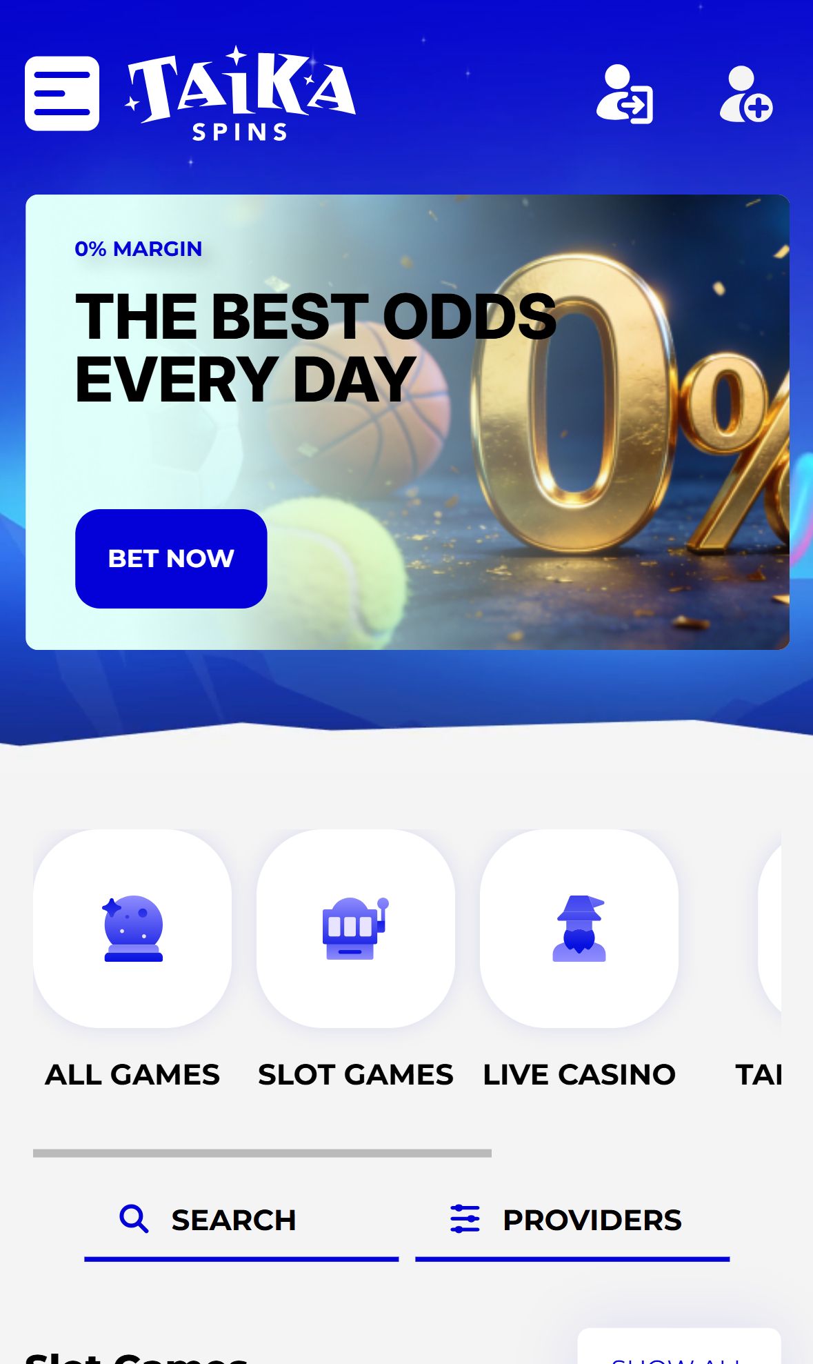 Taika Spins — Homepage (Mobile)
