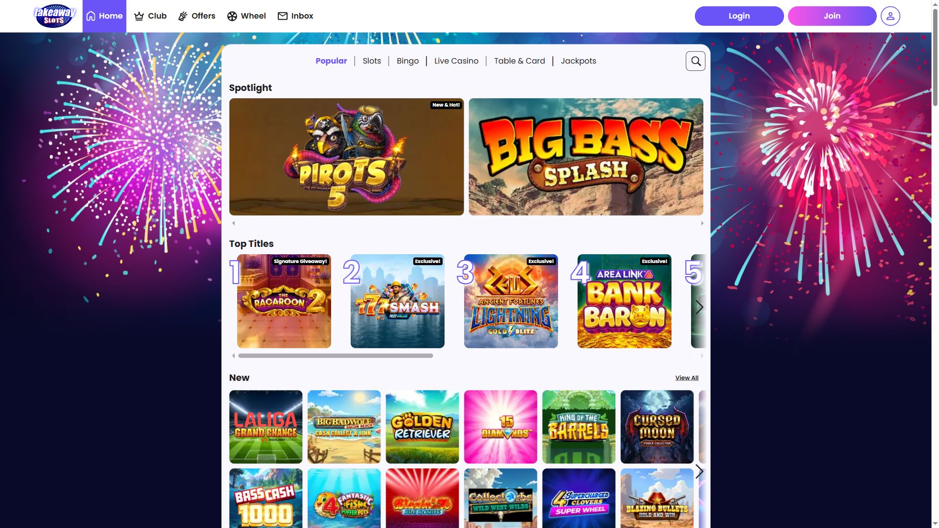 Take Away Slots — Lobby (Desktop)
