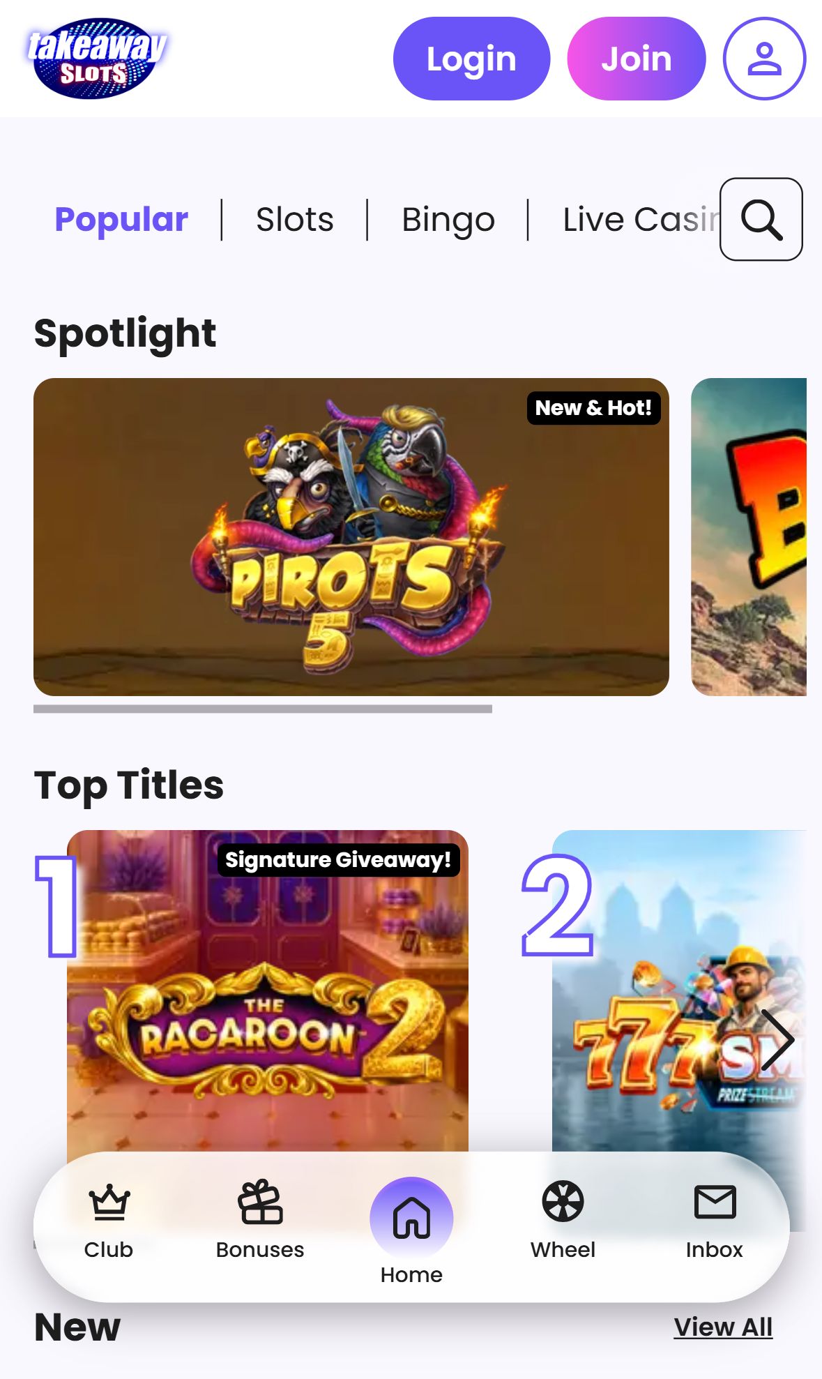 Take Away Slots — Lobby (Mobile)
