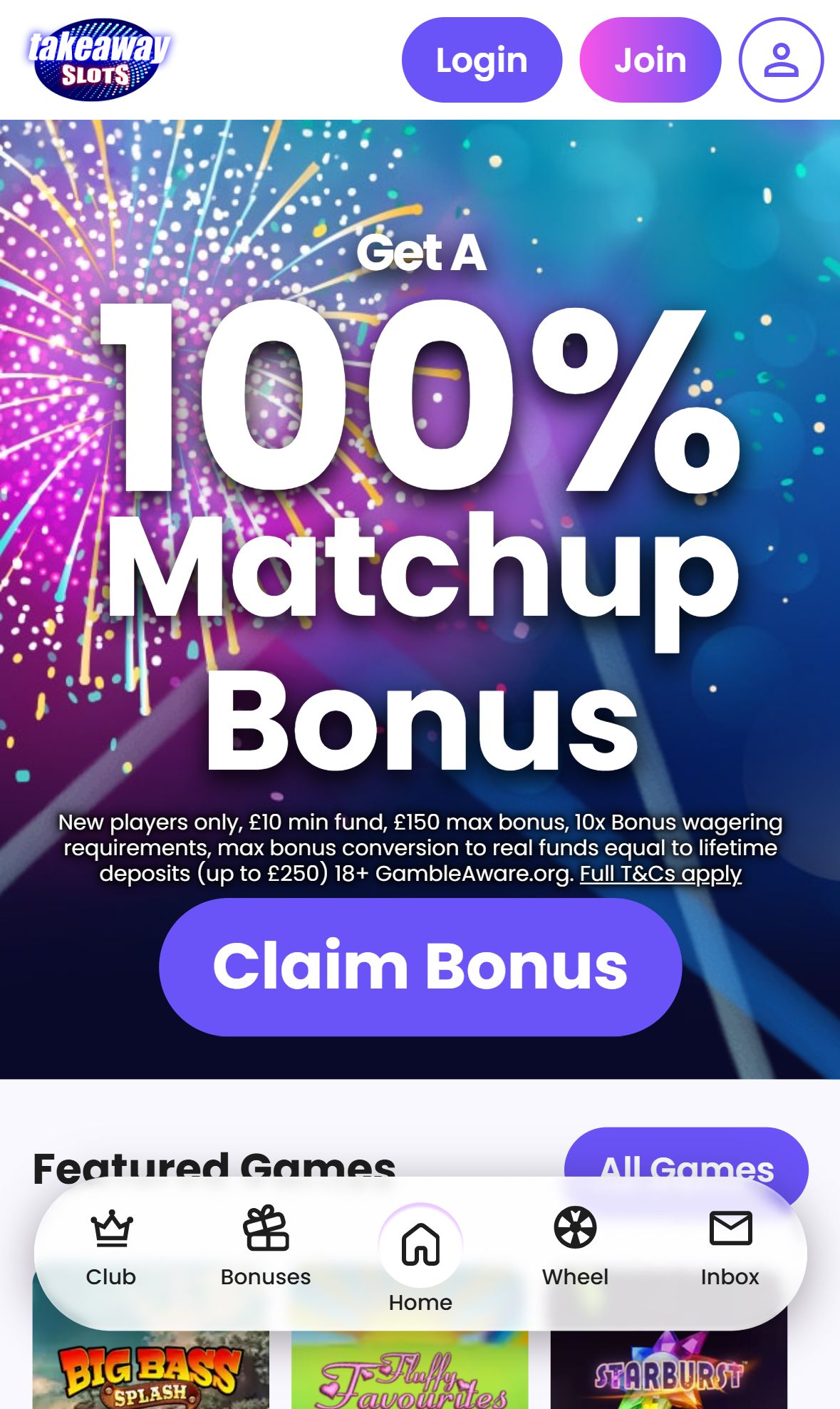 Take Away Slots — Homepage (Mobile)