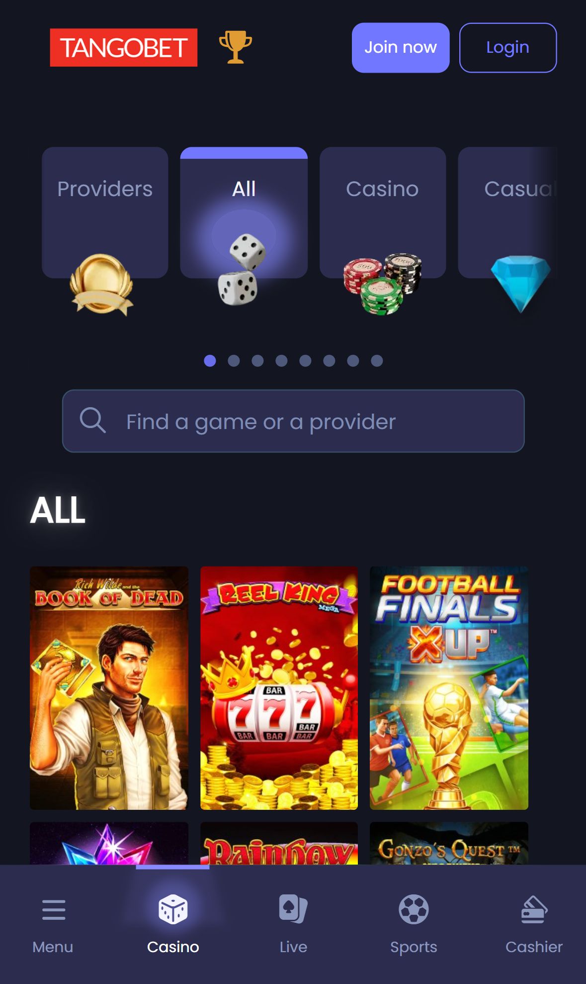 Tangobet — Lobby (Mobile)