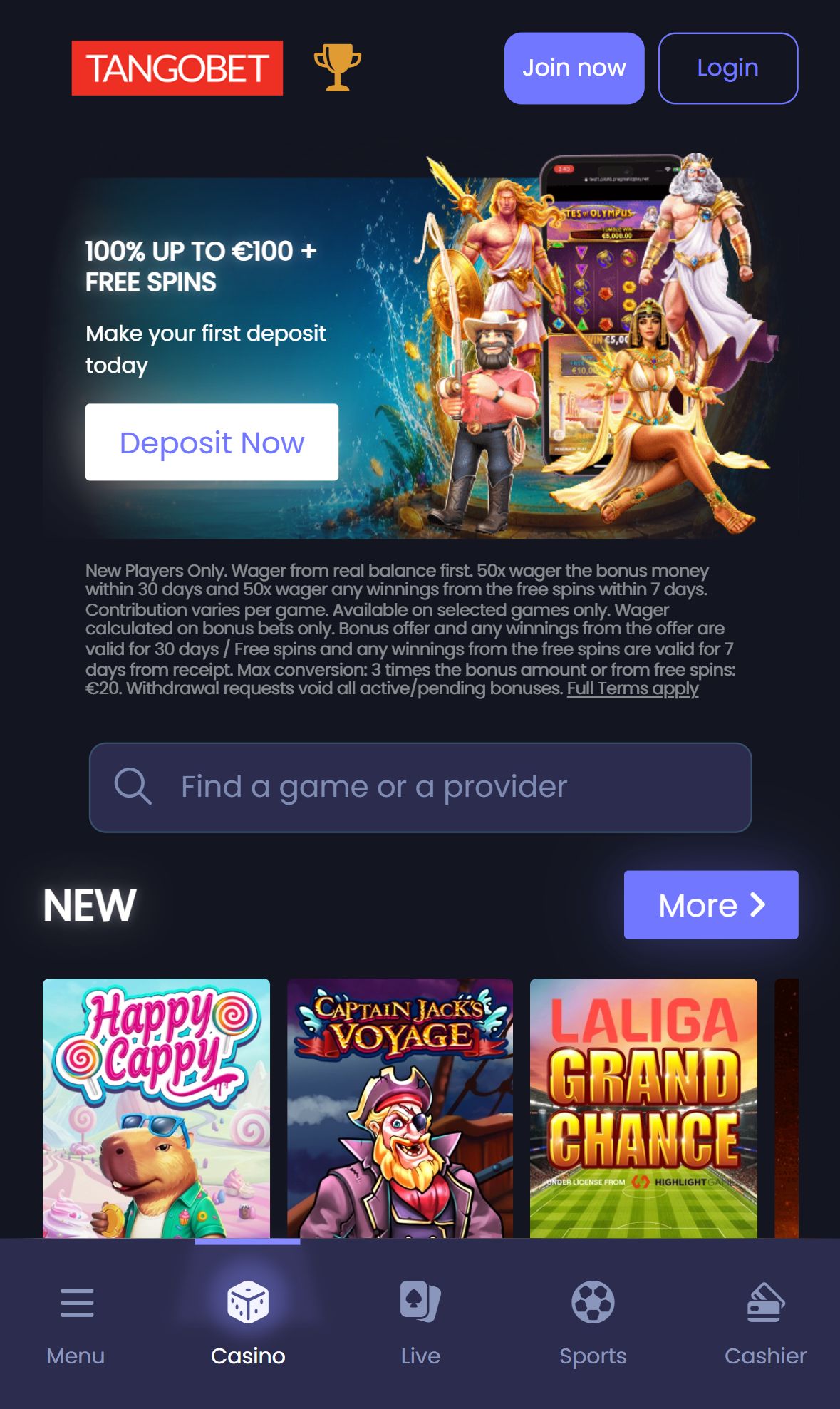 Tangobet — Homepage (Mobile)